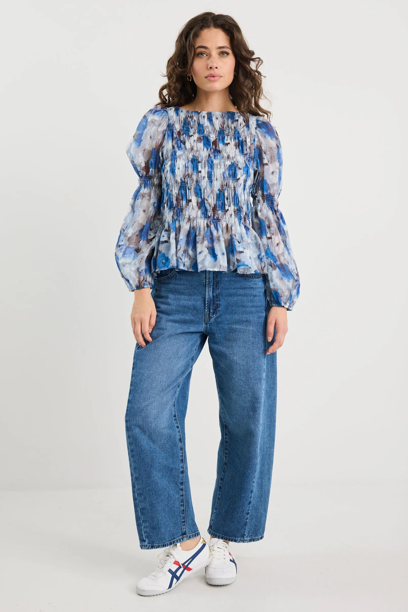Required Sky Blue Floral LS Shirred Bodice Top - Image 2