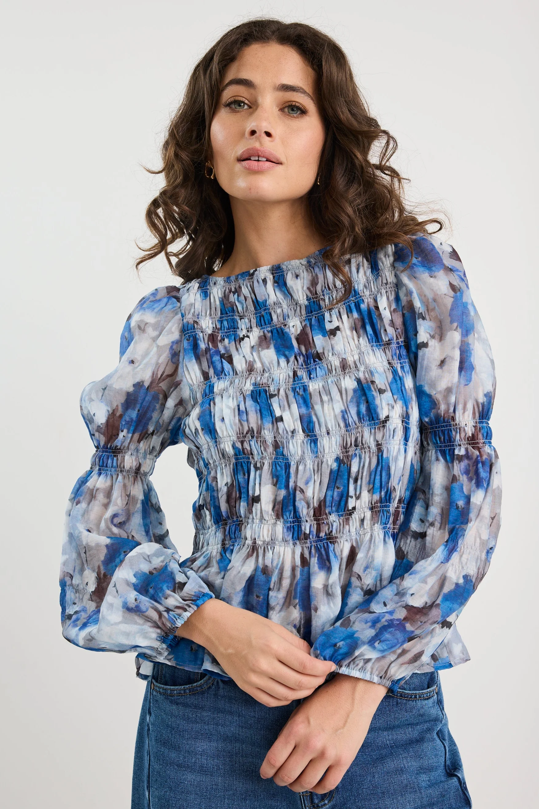 Required Sky Blue Floral LS Shirred Bodice Top - Image 3
