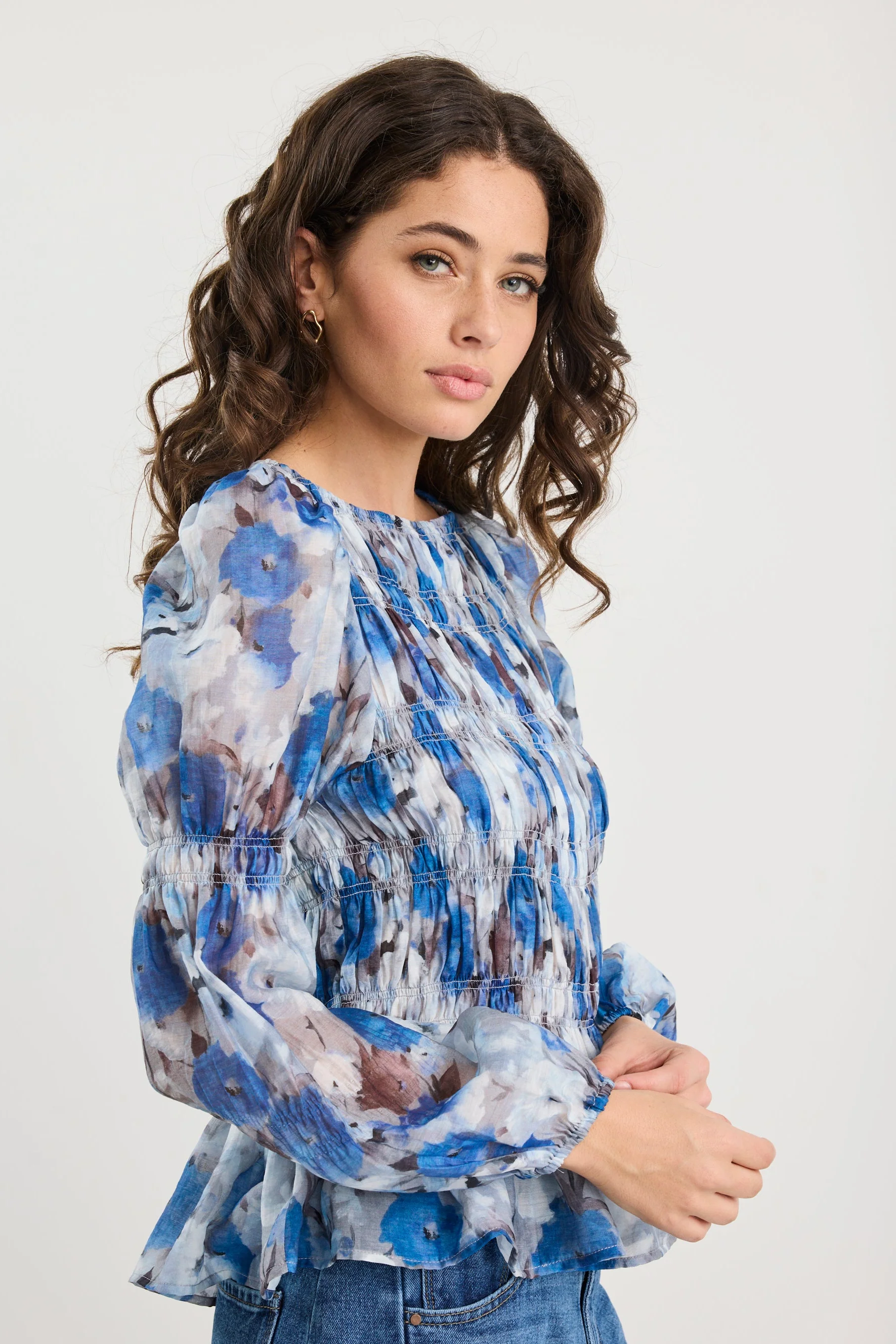 Required Sky Blue Floral LS Shirred Bodice Top - Image 4