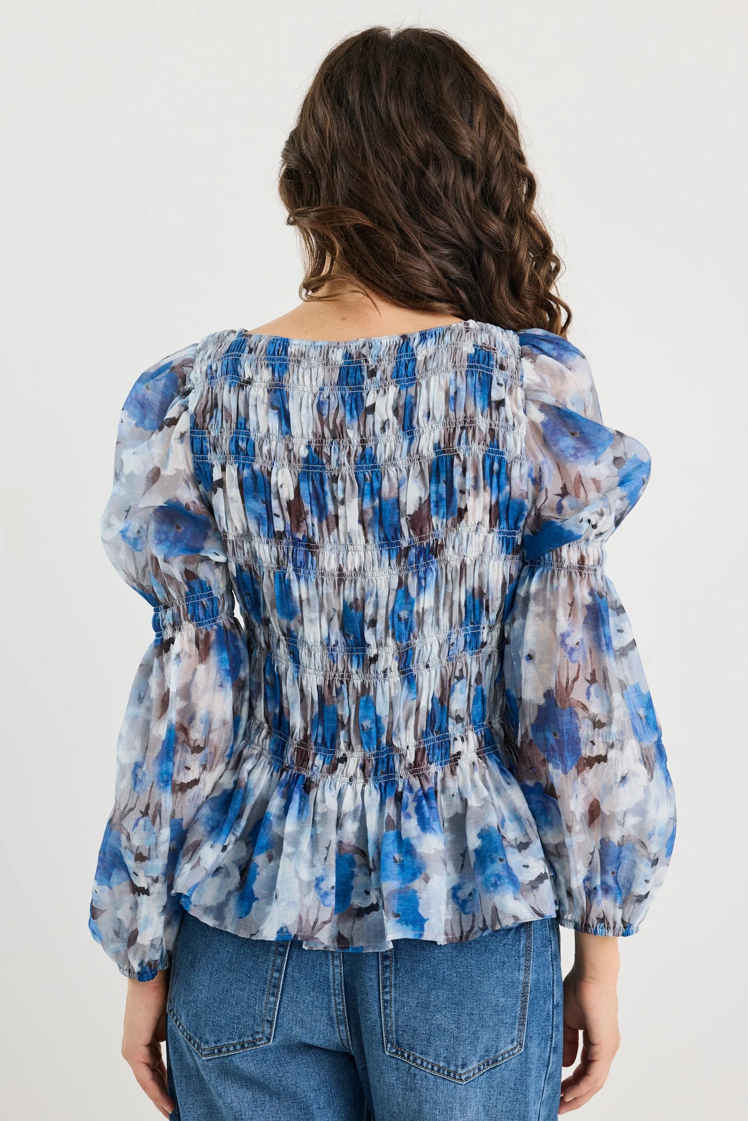 Required Sky Blue Floral LS Shirred Bodice Top - Image 5