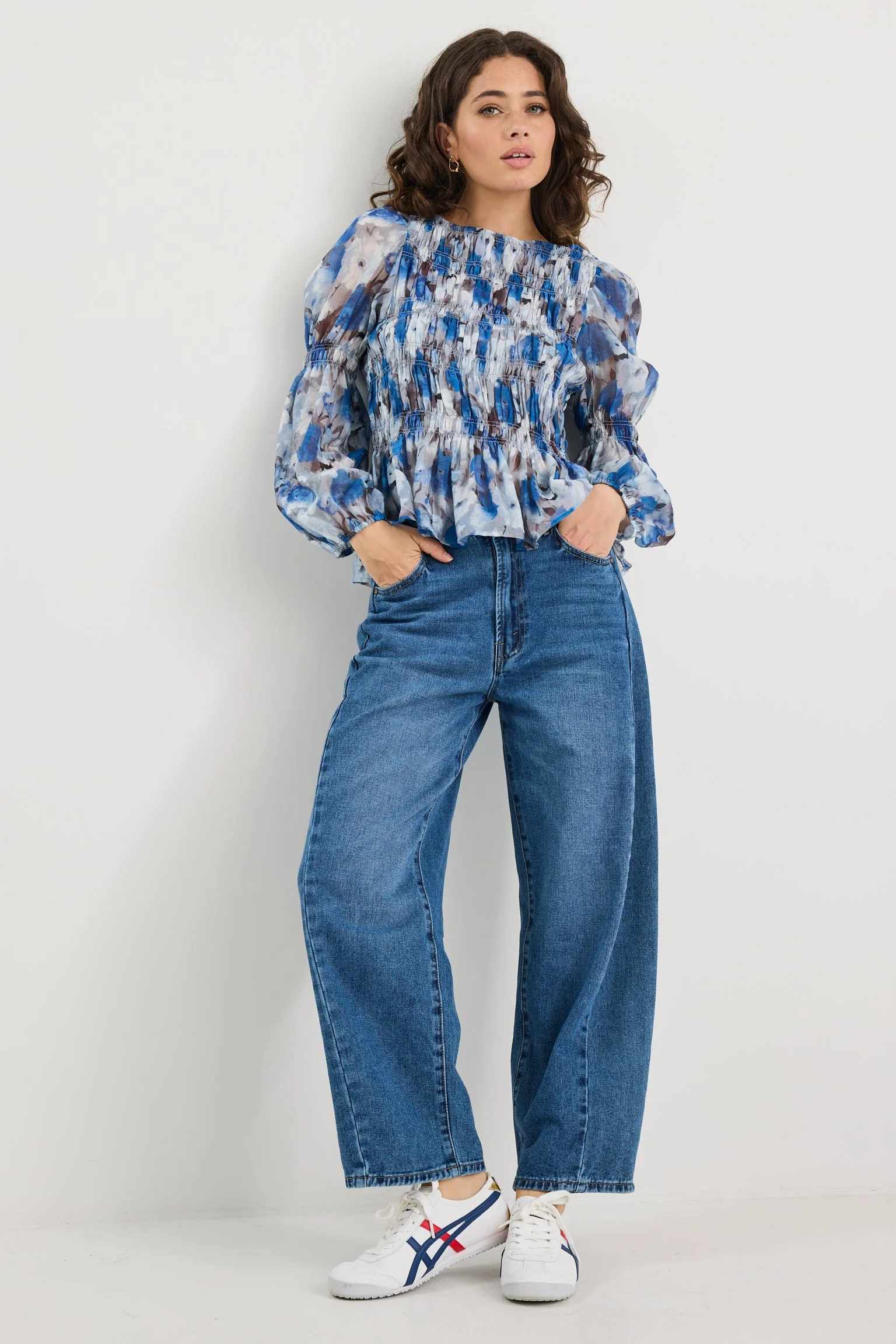 Required Sky Blue Floral LS Shirred Bodice Top - Image 6
