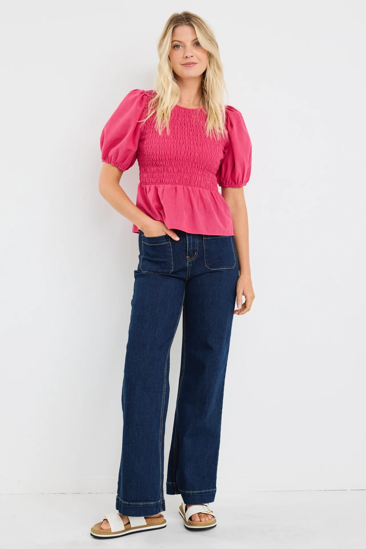 Requite Raspberry Ditsy Gingham Shirred Body SS Top - Image 4