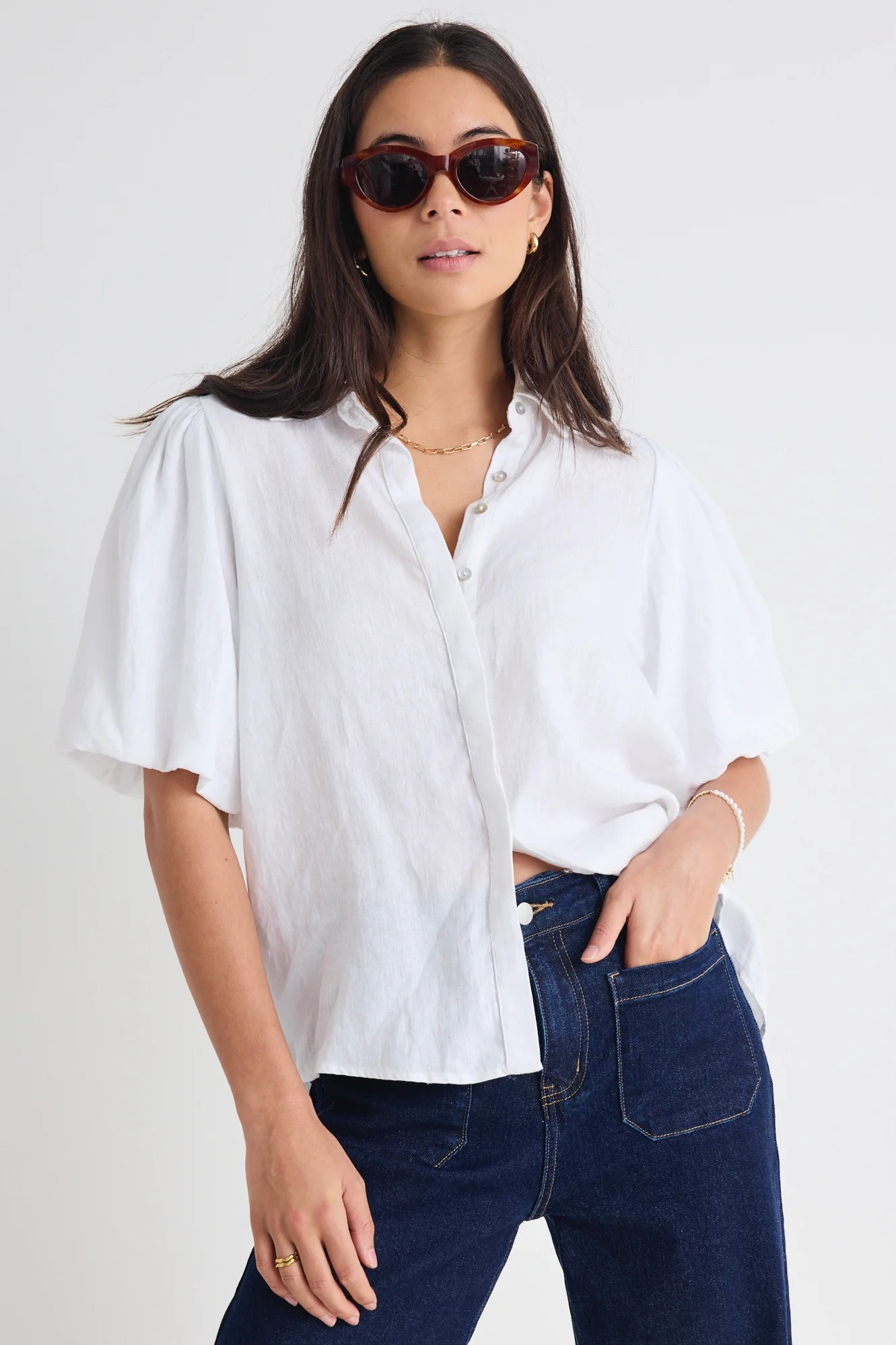 Rested White Linen Bubble Sleeve Shirt - Image 3