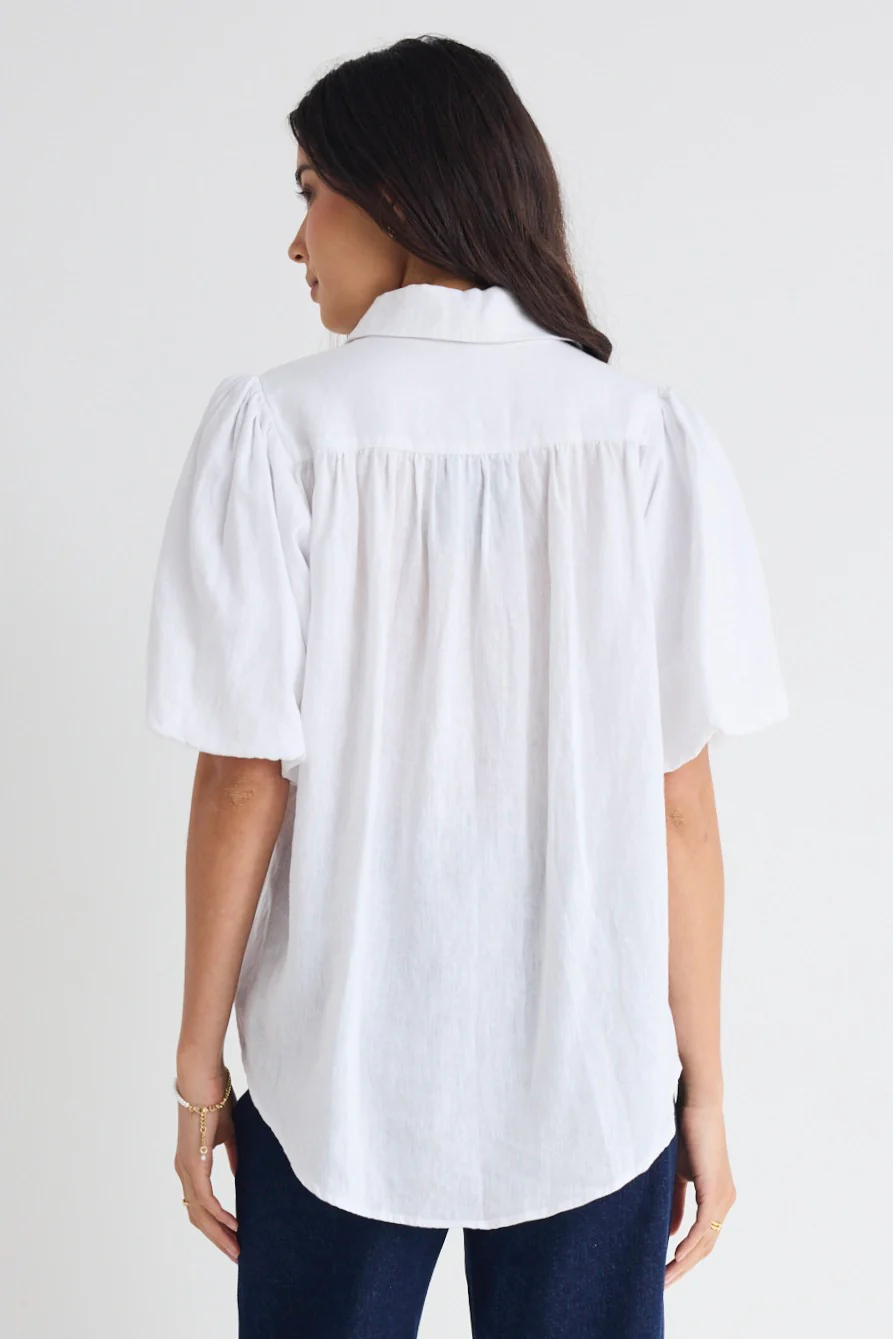 Rested White Linen Bubble Sleeve Shirt - Image 4