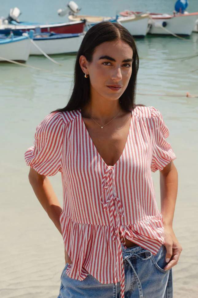 Restore Red Stripe Tie Front Peplum SS Top