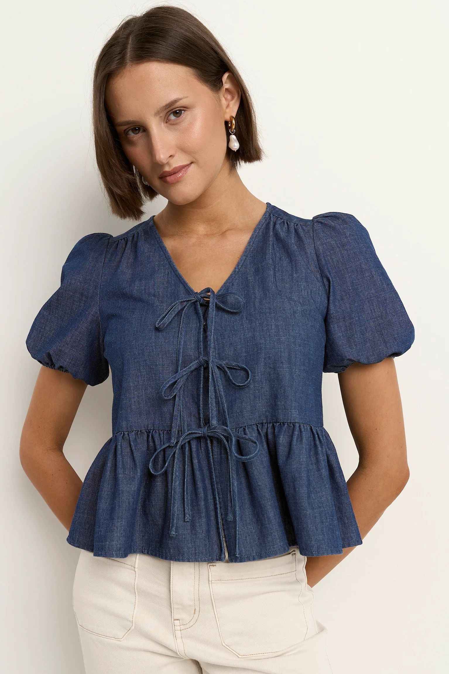 Restore Storm Blue Chambray Tie Front Peplum SS Top - Image 2