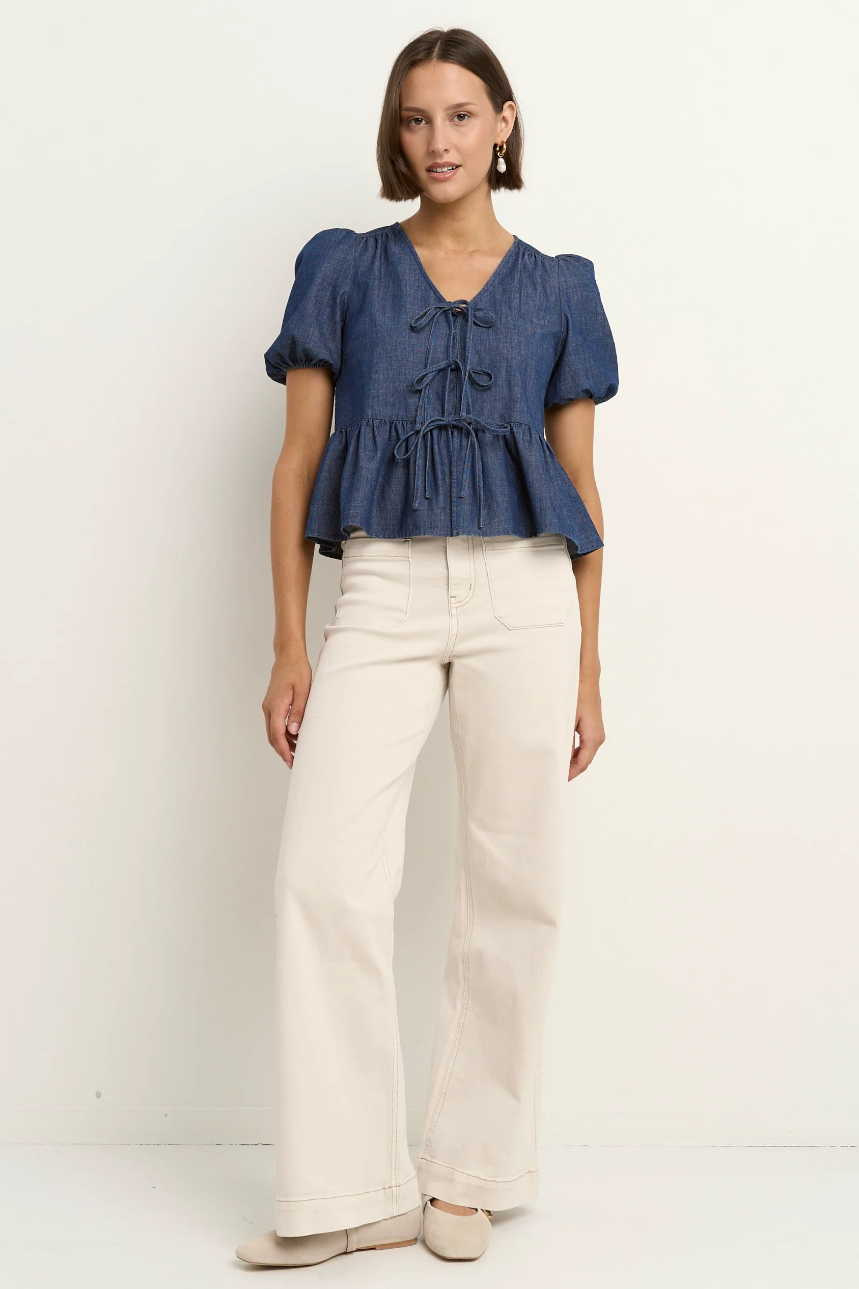 Restore Storm Blue Chambray Tie Front Peplum SS Top - Image 3