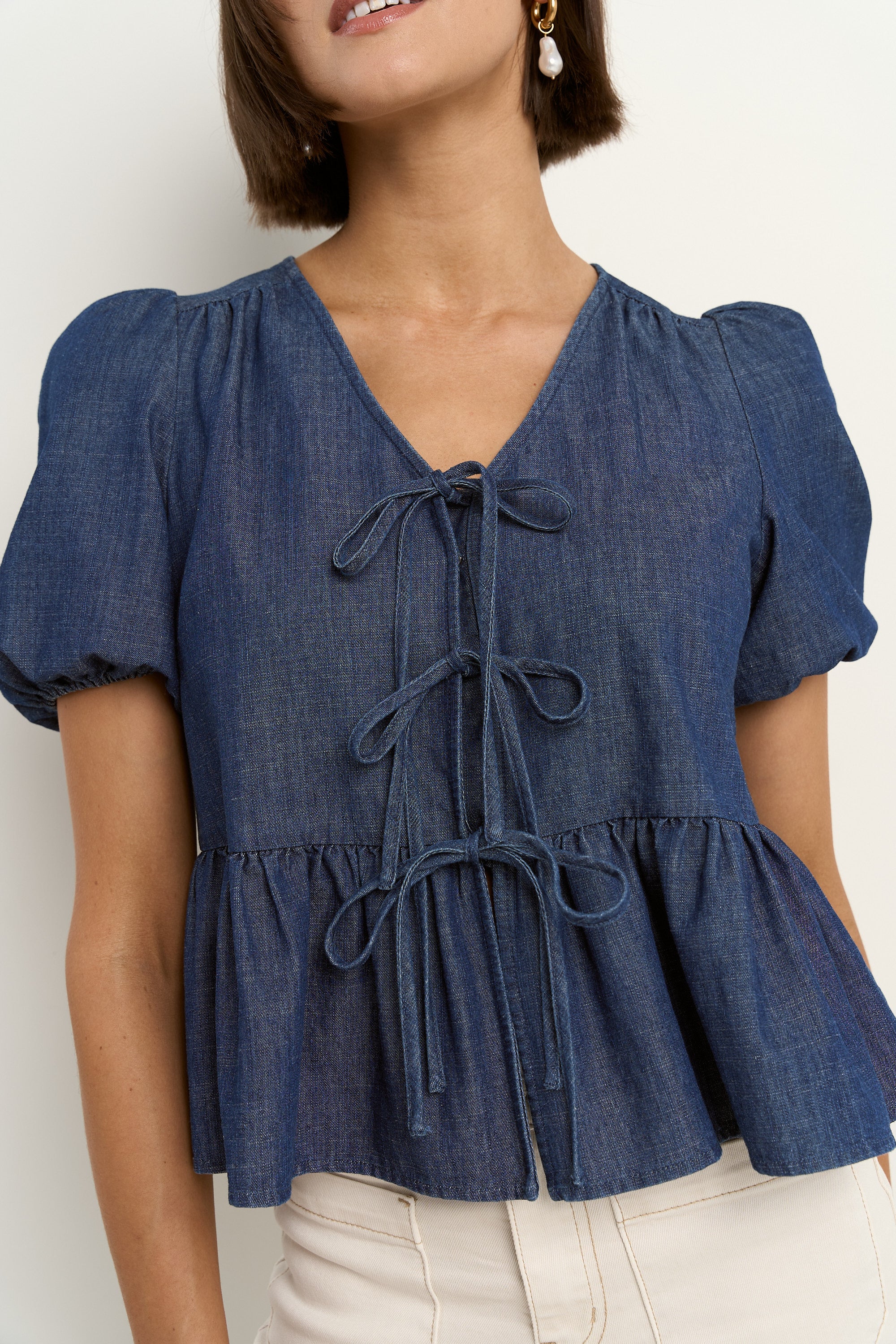 Restore Storm Blue Chambray Tie Front Peplum SS Top - Image 4