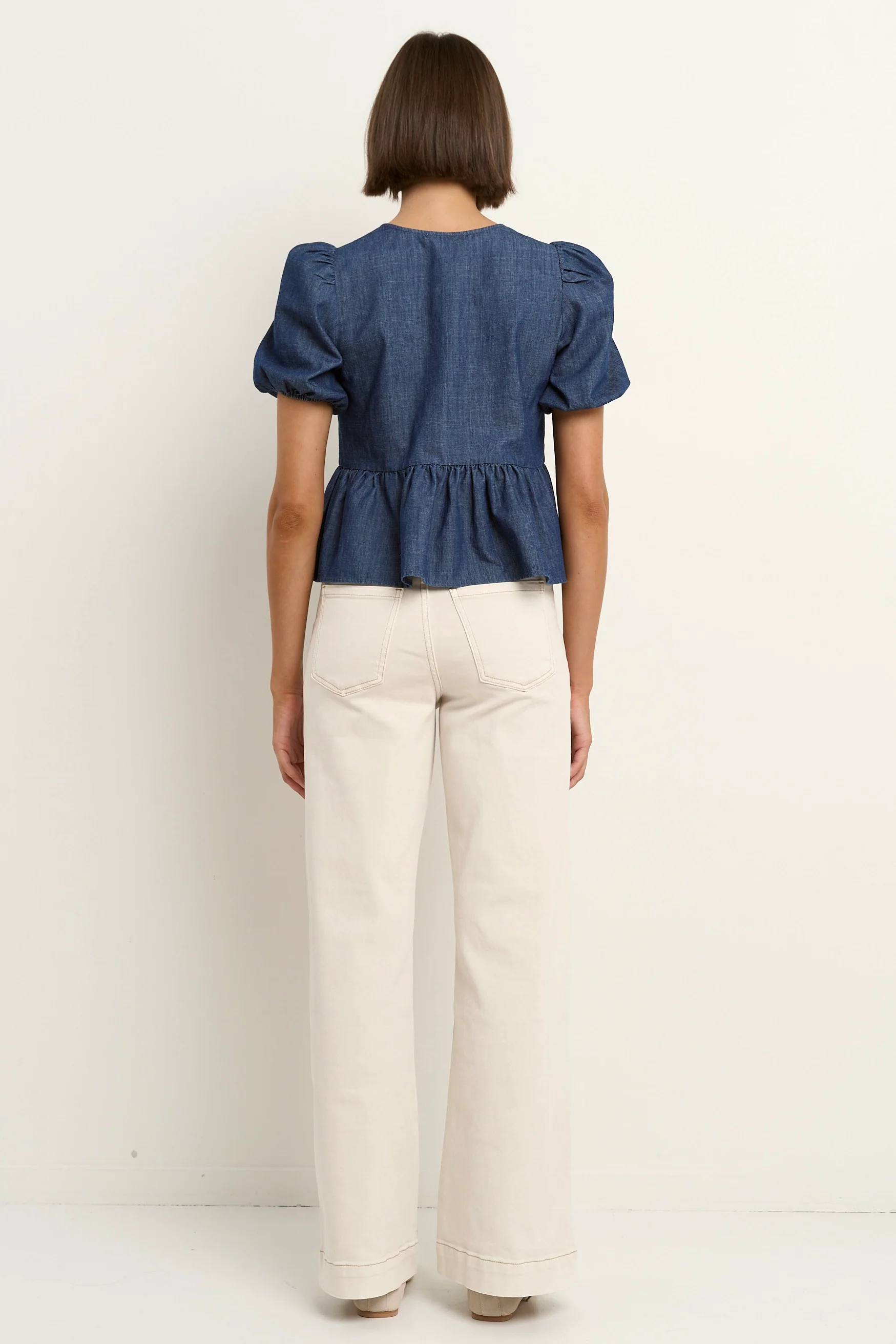 Restore Storm Blue Chambray Tie Front Peplum SS Top - Image 5
