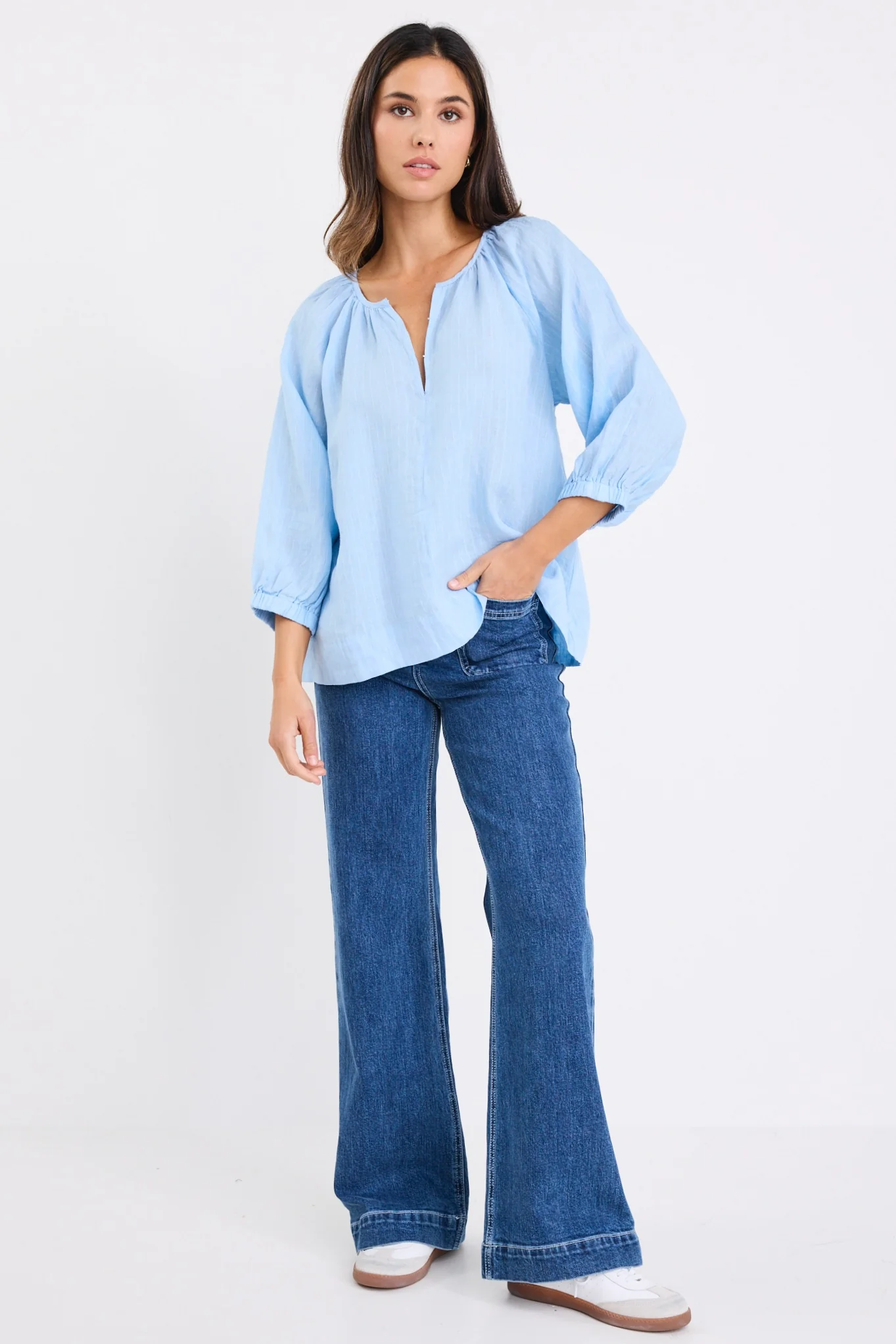 Revolutionary Sky Blue Stripe Linen Relaxed LS Top - Image 2