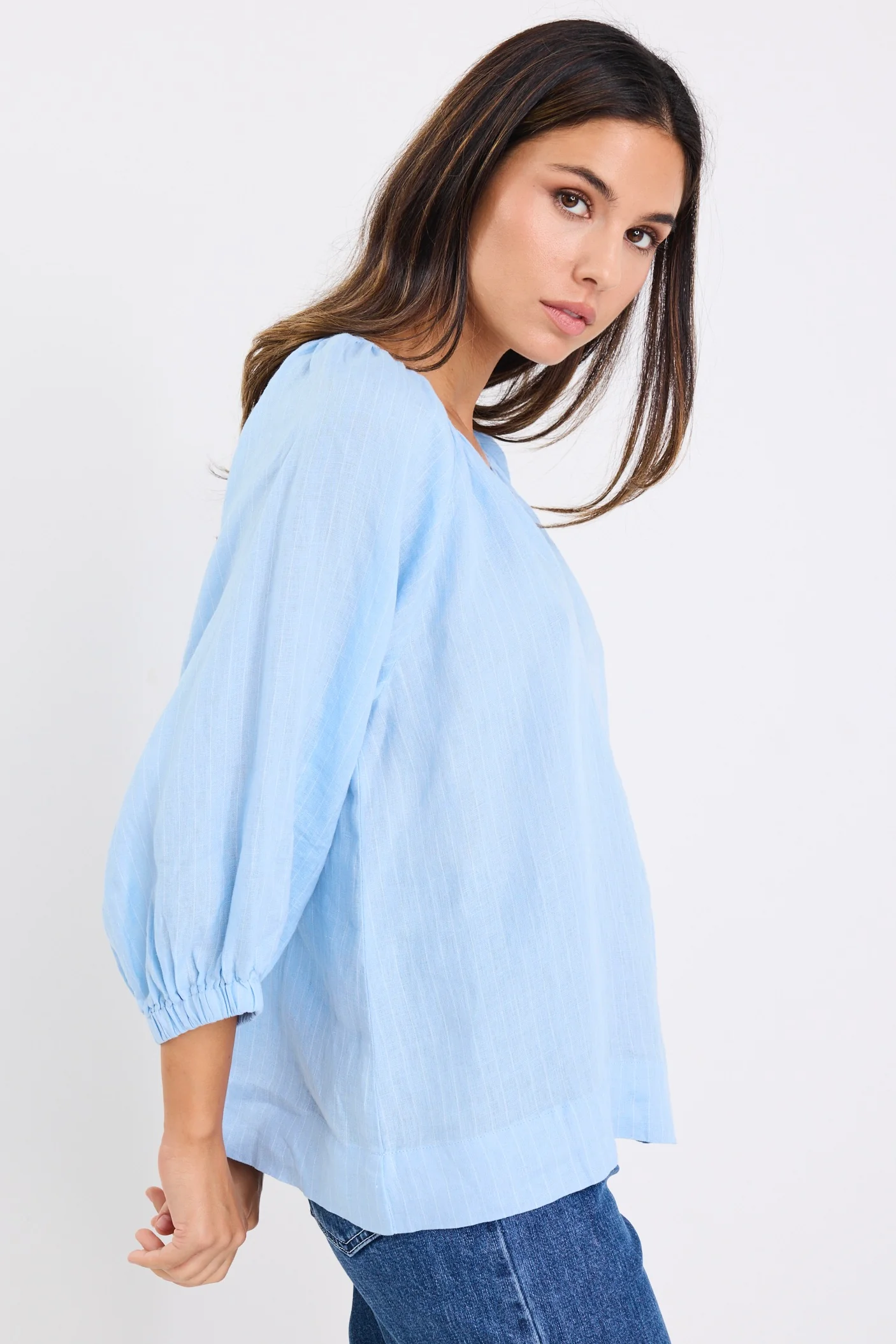 Revolutionary Sky Blue Stripe Linen Relaxed LS Top - Image 4