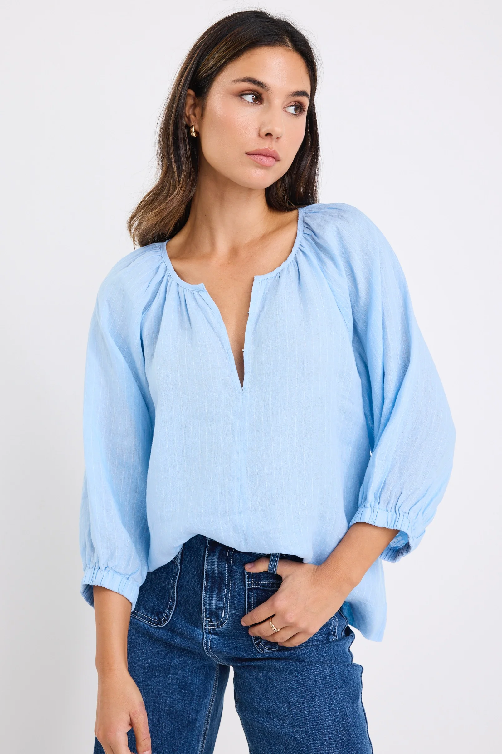 Revolutionary Sky Blue Stripe Linen Relaxed LS Top - Image 5