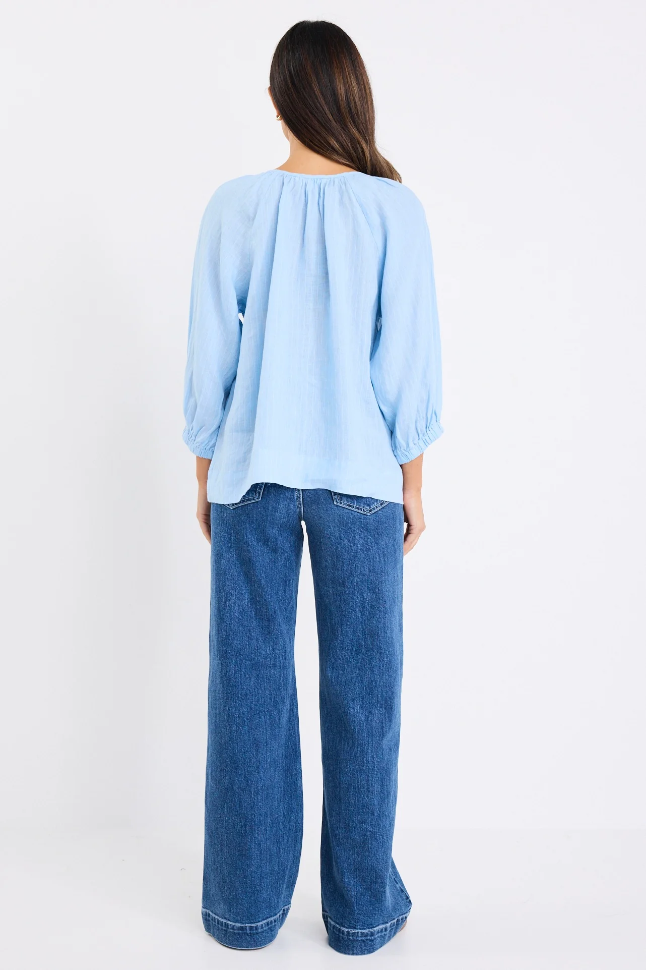 Revolutionary Sky Blue Stripe Linen Relaxed LS Top - Image 6