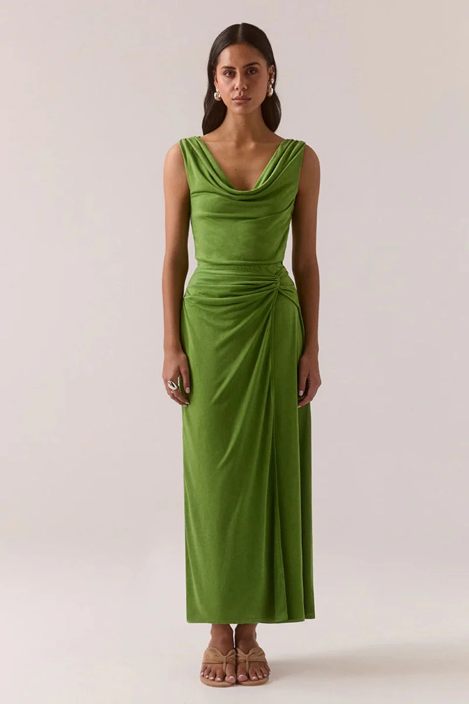 Reya Nettle Green Gathered Wasit Sleeveless Maxi Dress