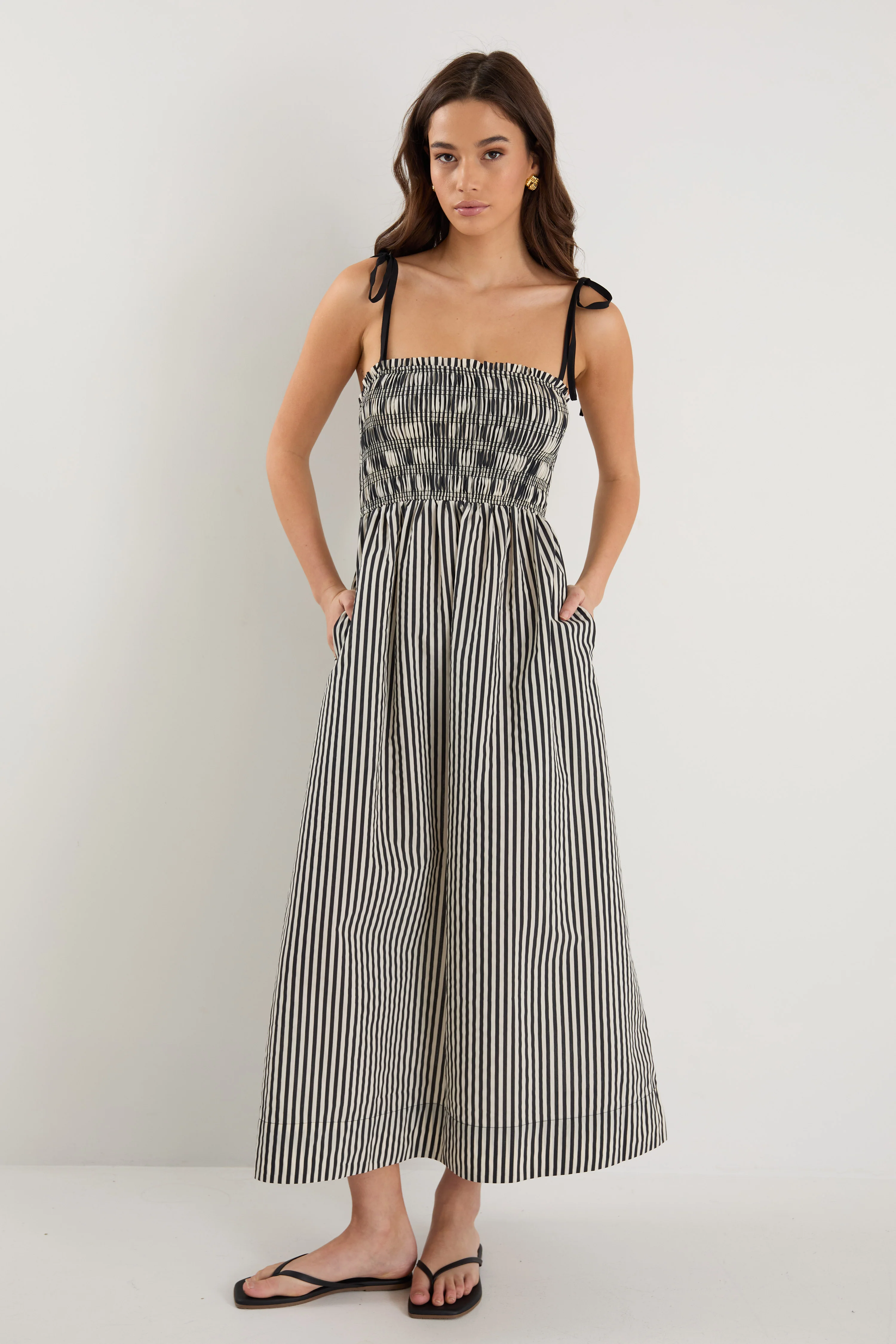 Rhapsody Black Cream Stripe Strappy Shirred Bodice Maxi Dress - Image 3