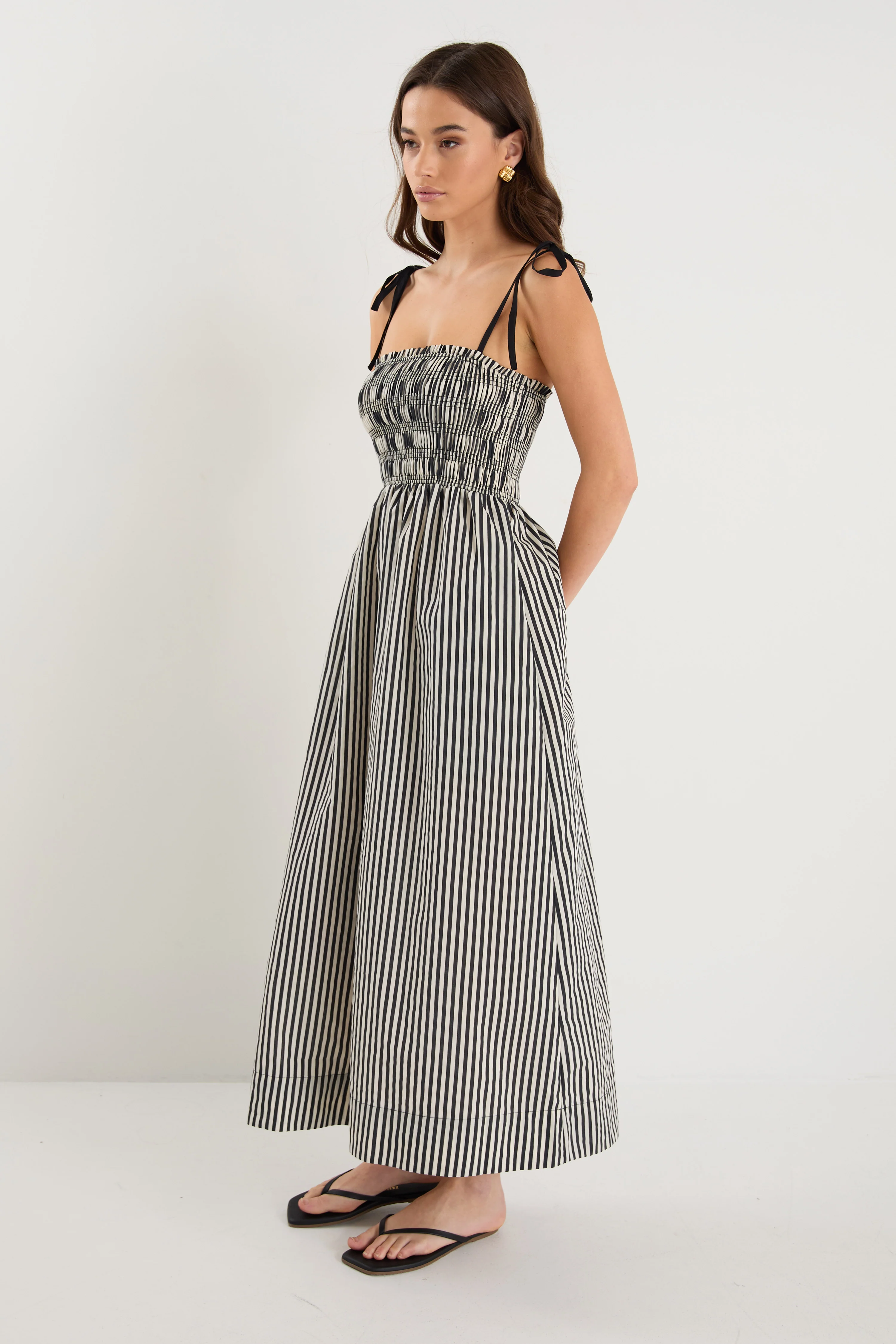 Rhapsody Black Cream Stripe Strappy Shirred Bodice Maxi Dress - Image 4