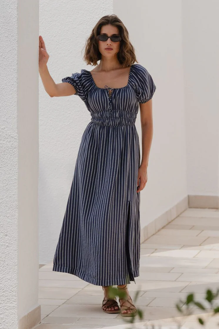Roma Navy Stripe SS Poet Midi Dress