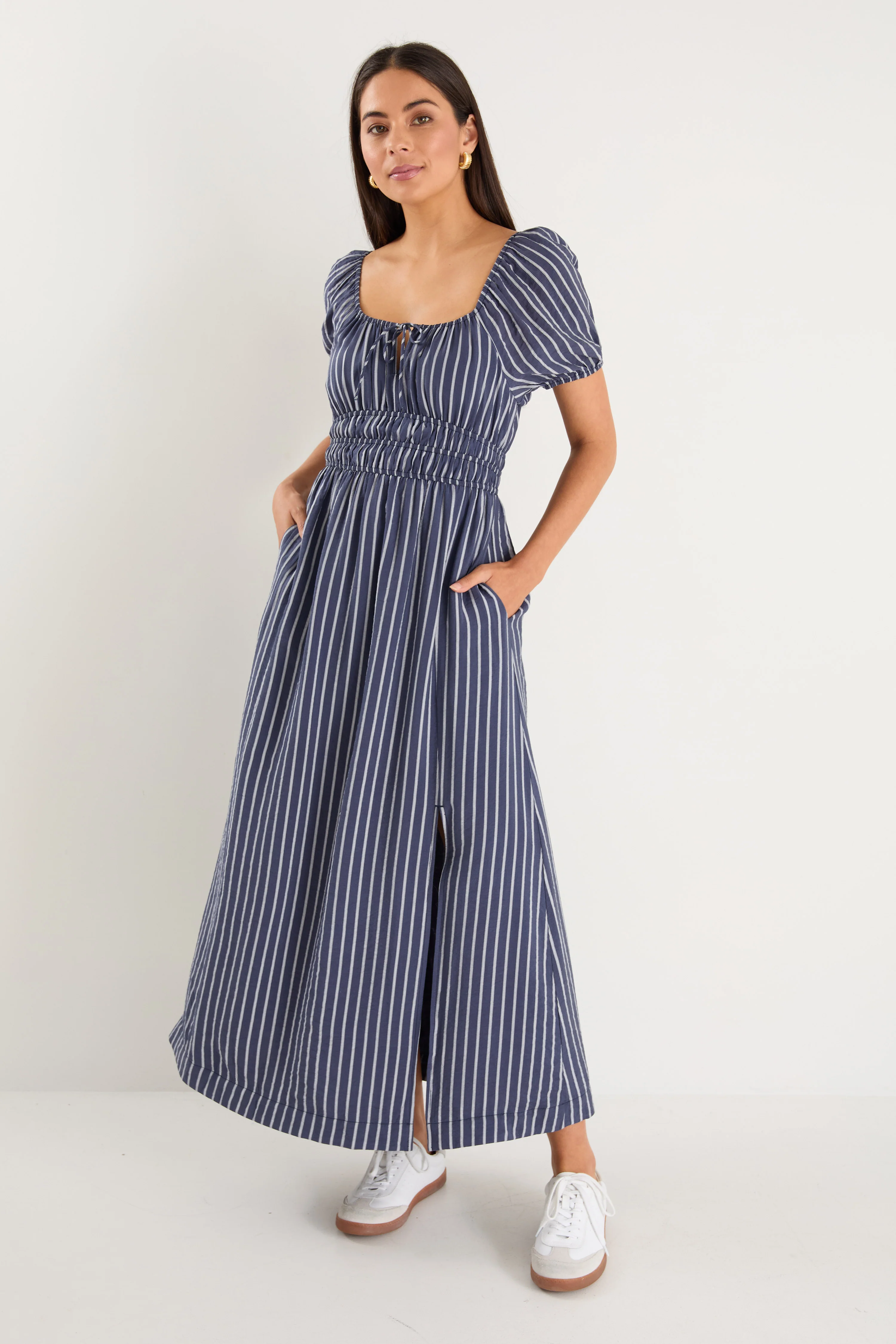 Roma Navy Stripe SS Poet Midi Dress - Image 2