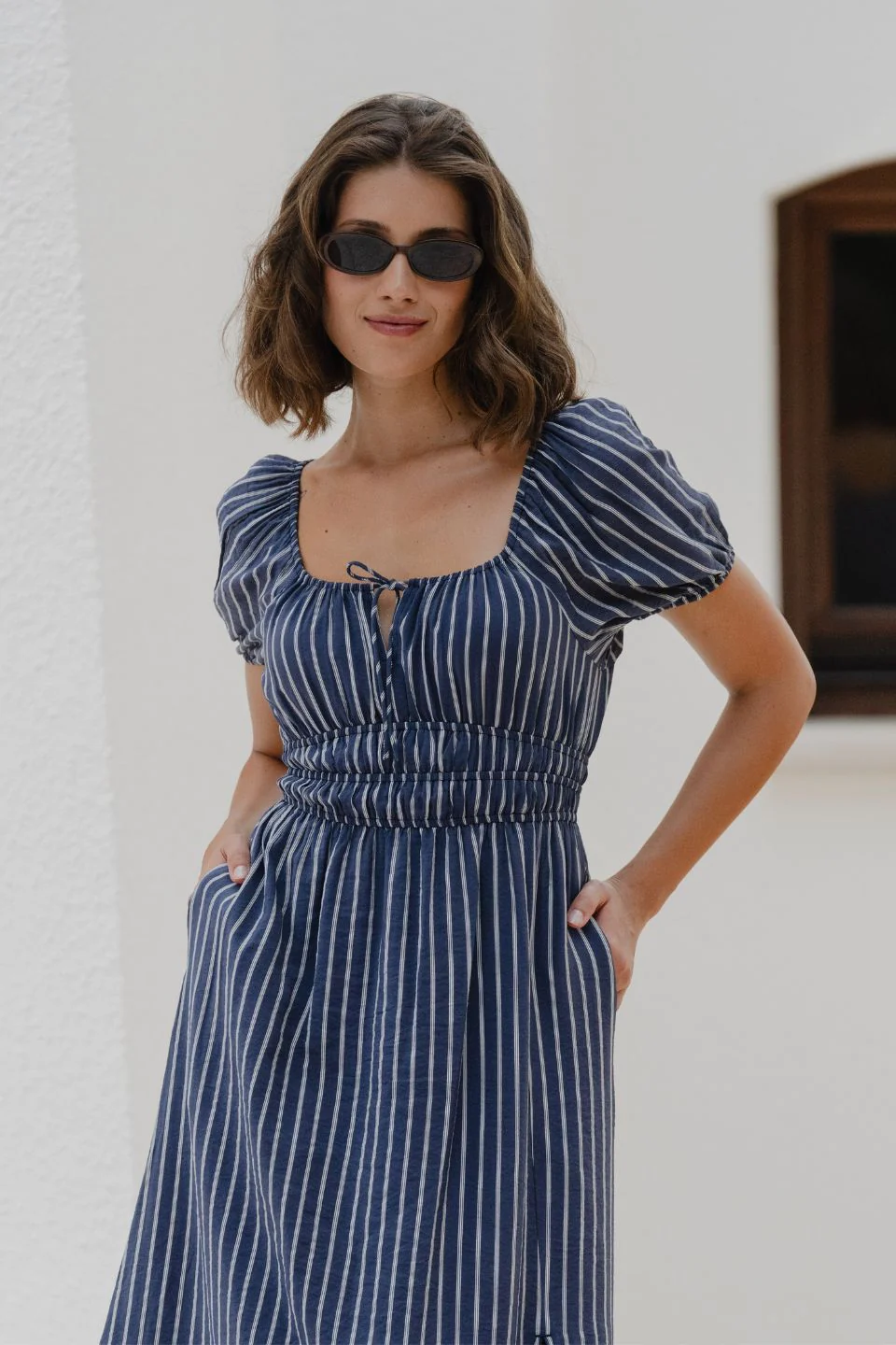 Roma Navy Stripe SS Poet Midi Dress - Image 3