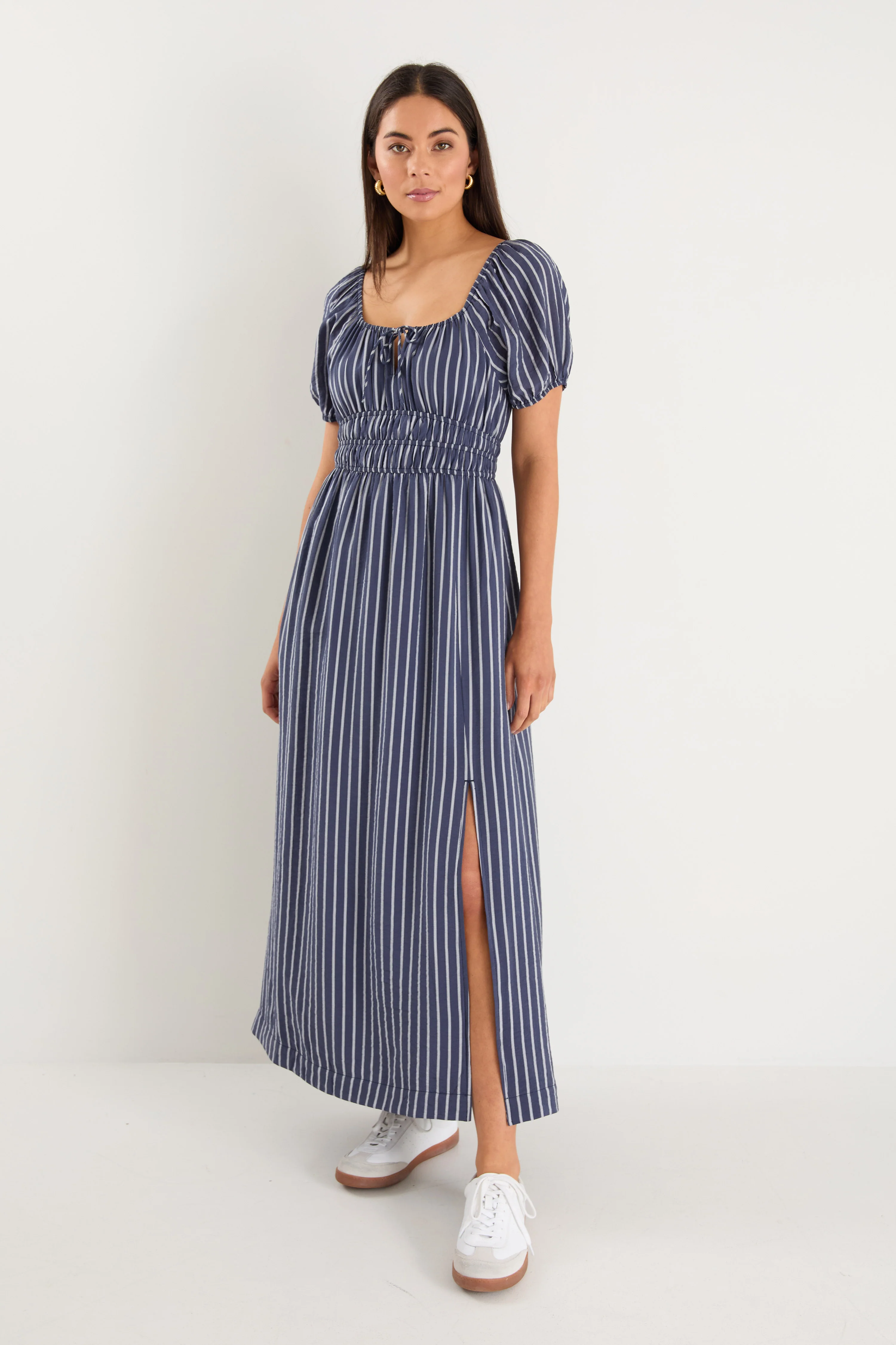 Roma Navy Stripe SS Poet Midi Dress - Image 5