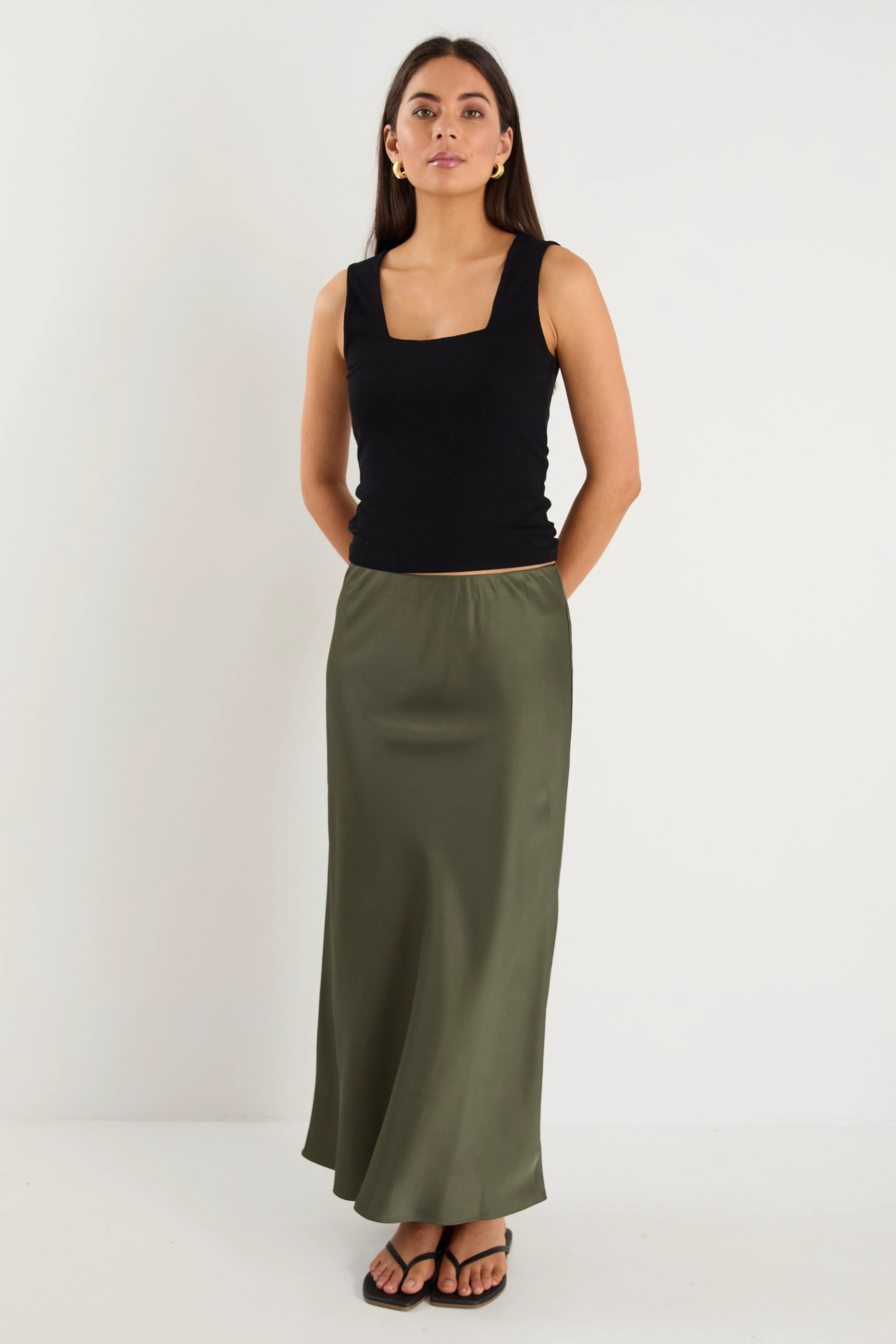 Rosette Khaki Satin Bias Midi Skirt - Image 3