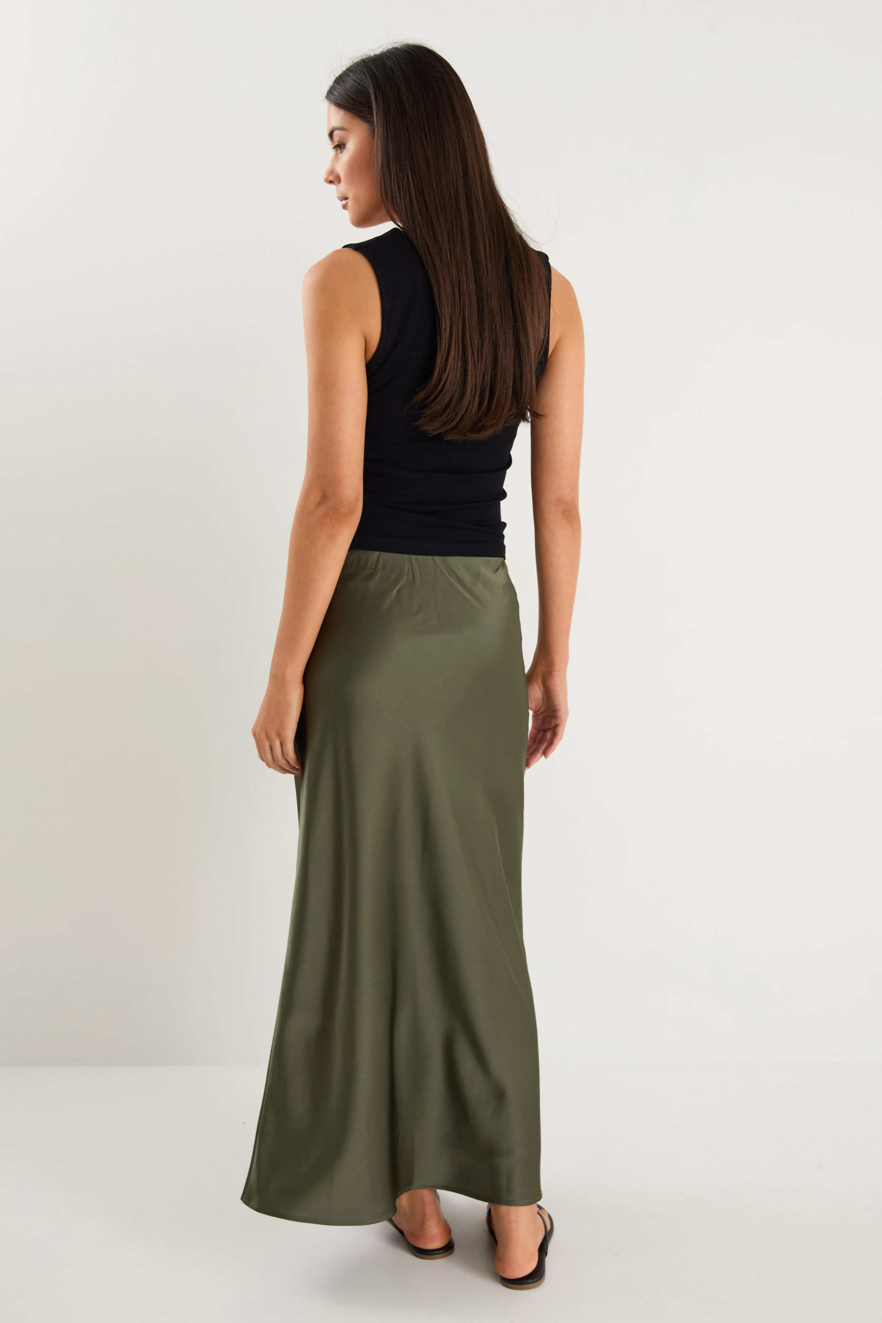 Rosette Khaki Satin Bias Midi Skirt - Image 4