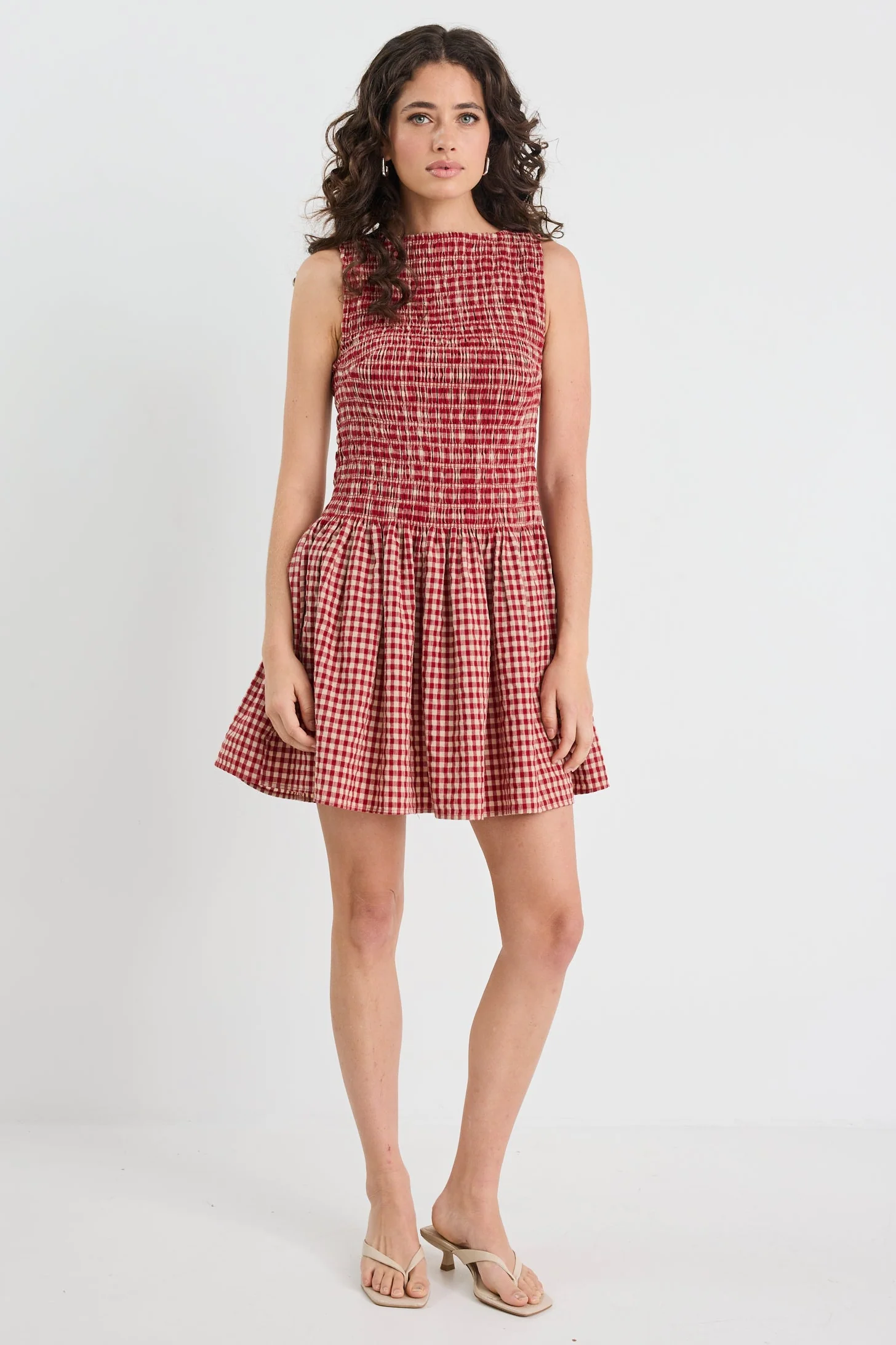 Rowan Red Cream Gingham Sleeveless Shirred Bodice Mini Dress - Image 2
