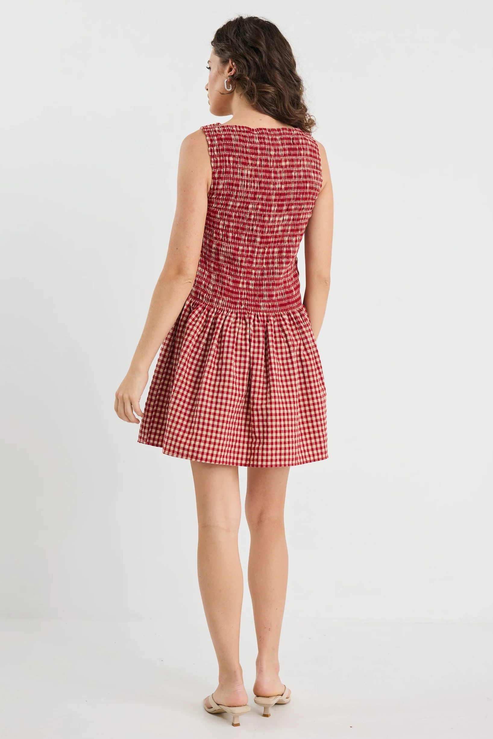 Rowan Red Cream Gingham Sleeveless Shirred Bodice Mini Dress - Image 5