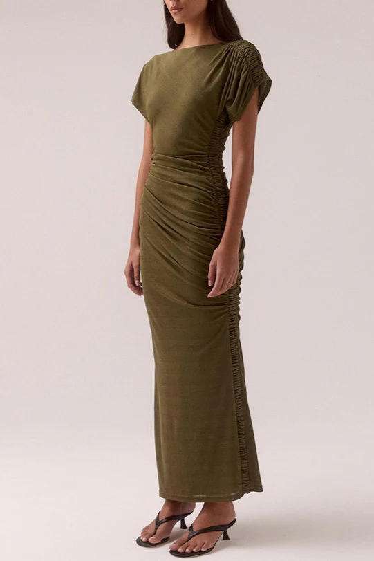 Rua Olive Ruched Side Off Shoulder SS Maxi Dress - Image 2