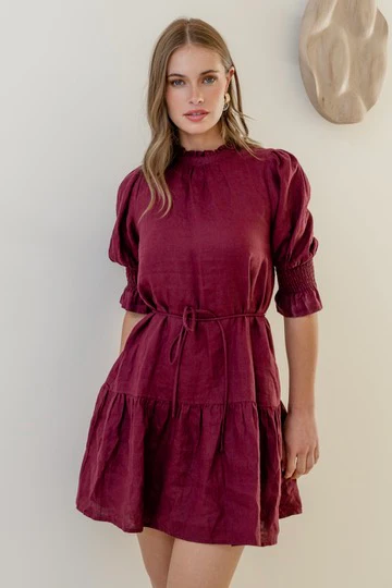Sable Burgundy Linen High Neck Tiered Mini Dress - Image 2