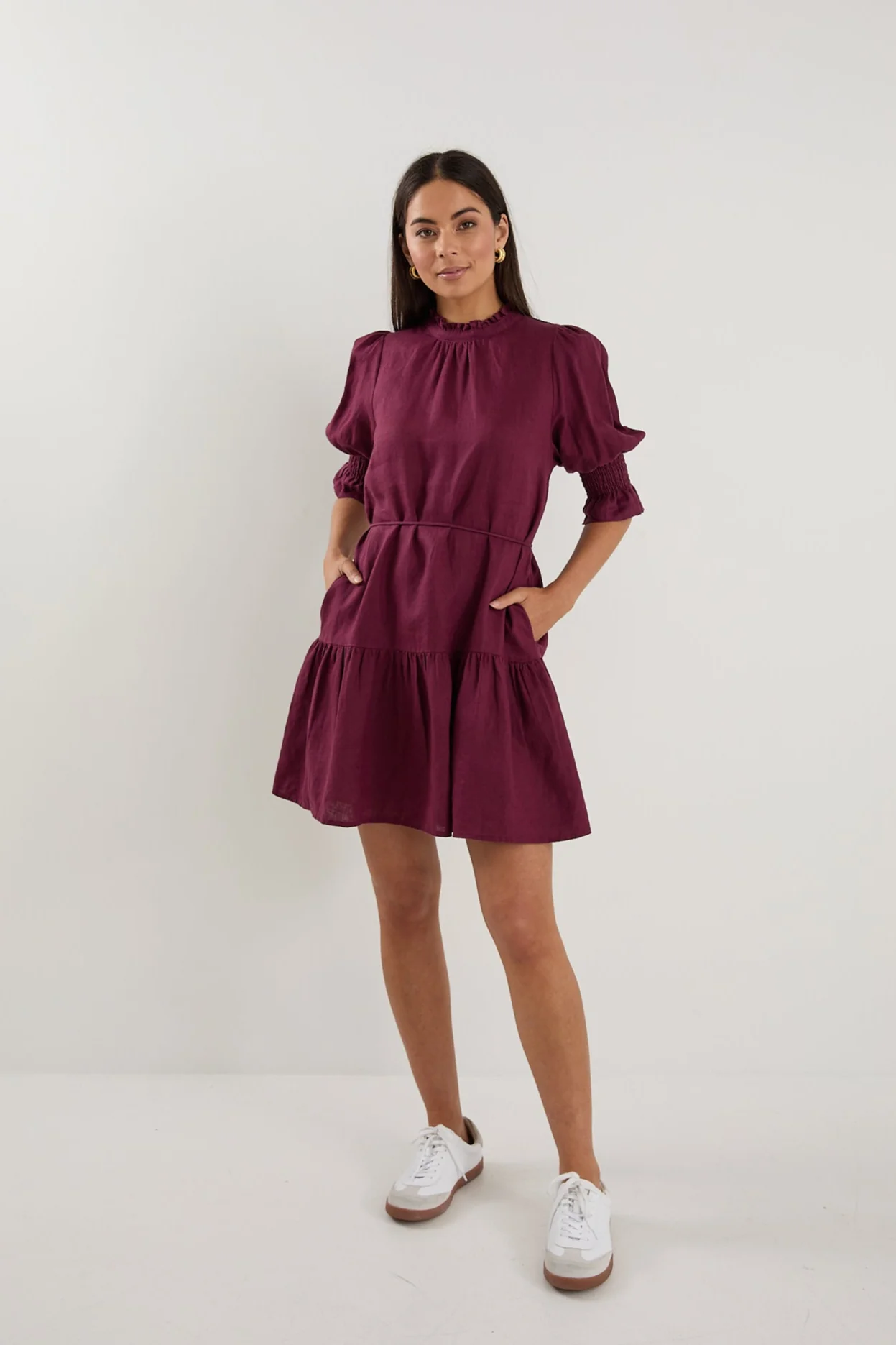 Sable Burgundy Linen High Neck Tiered Mini Dress - Image 3
