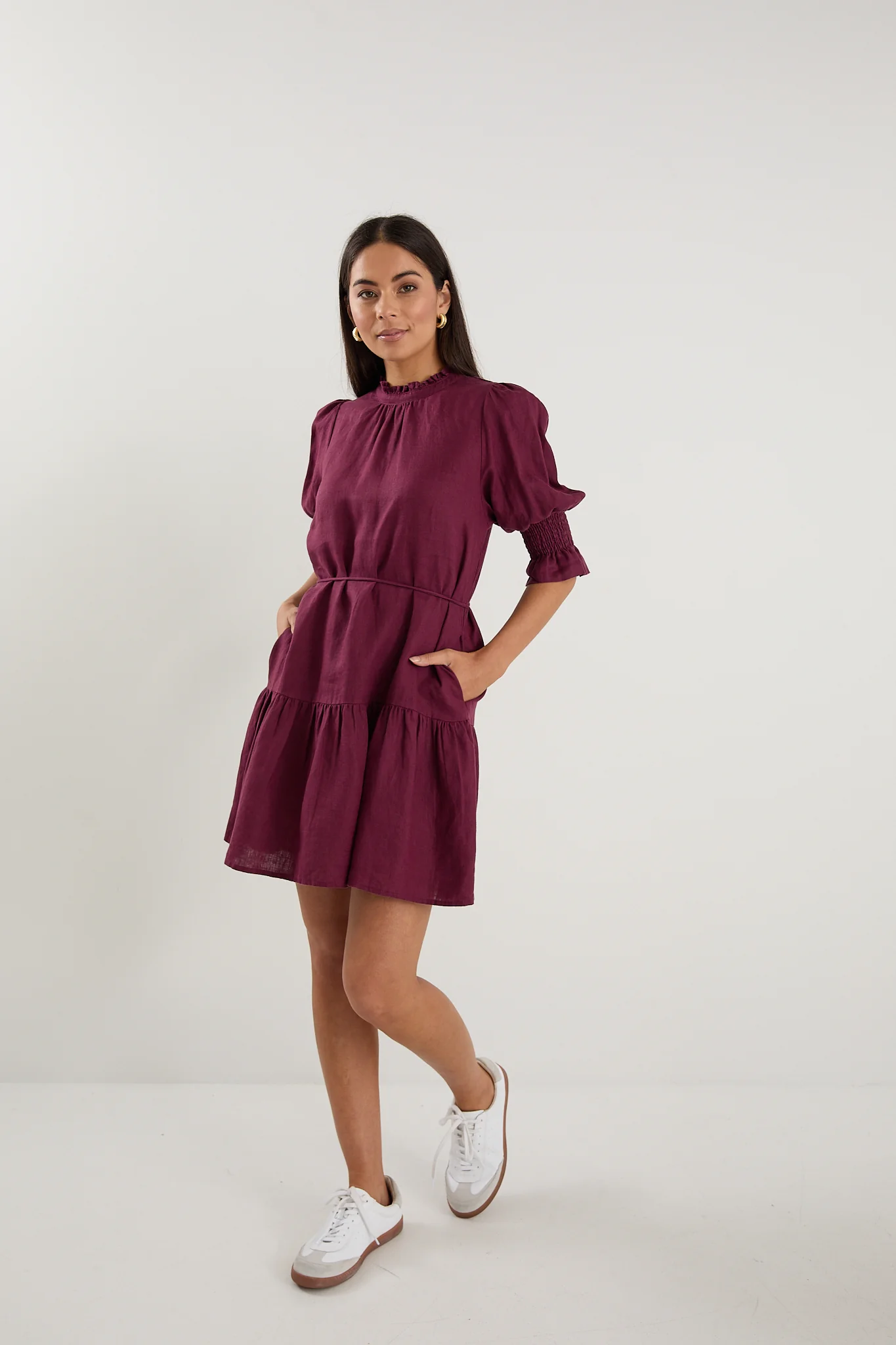 Sable Burgundy Linen High Neck Tiered Mini Dress - Image 4