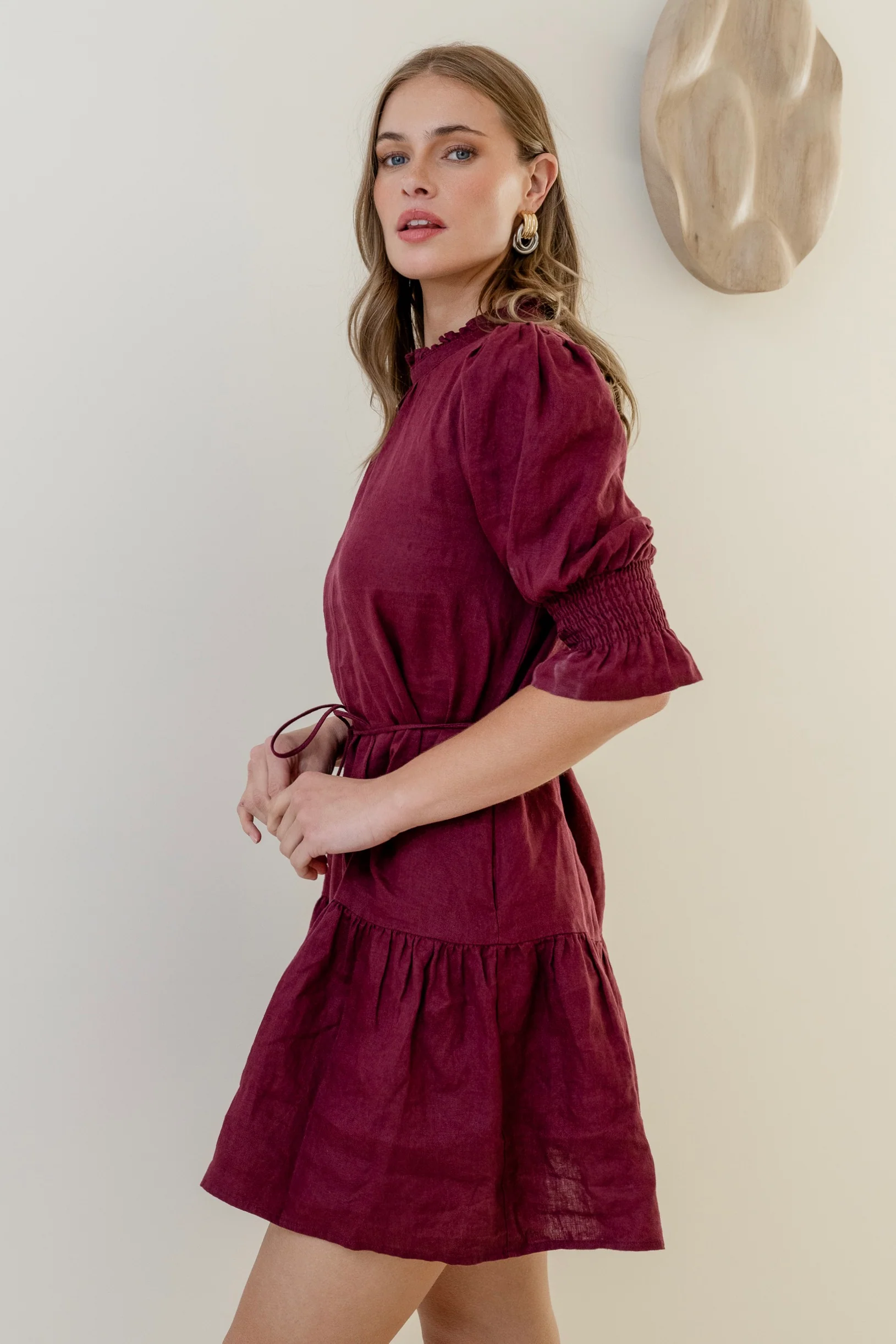 Sable Burgundy Linen High Neck Tiered Mini Dress - Image 5