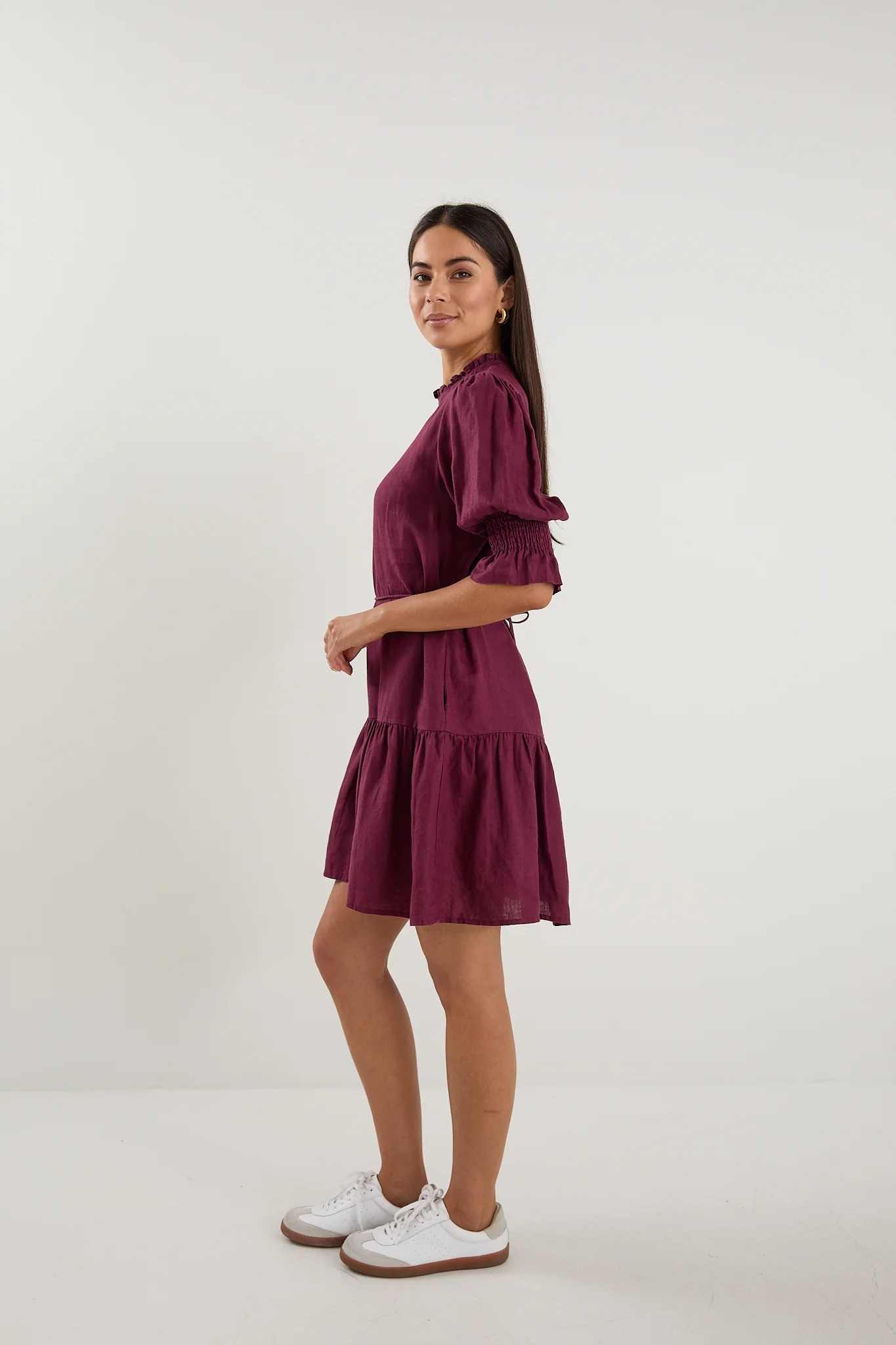 Sable Burgundy Linen High Neck Tiered Mini Dress - Image 6