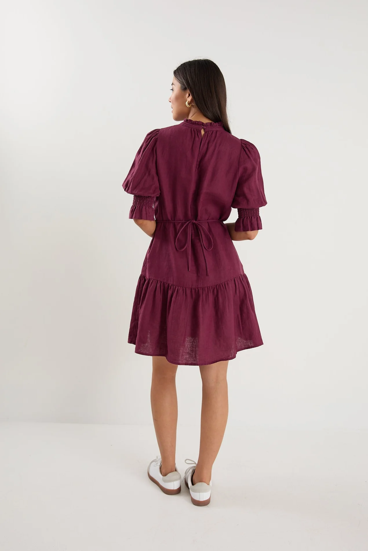 Sable Burgundy Linen High Neck Tiered Mini Dress - Image 7