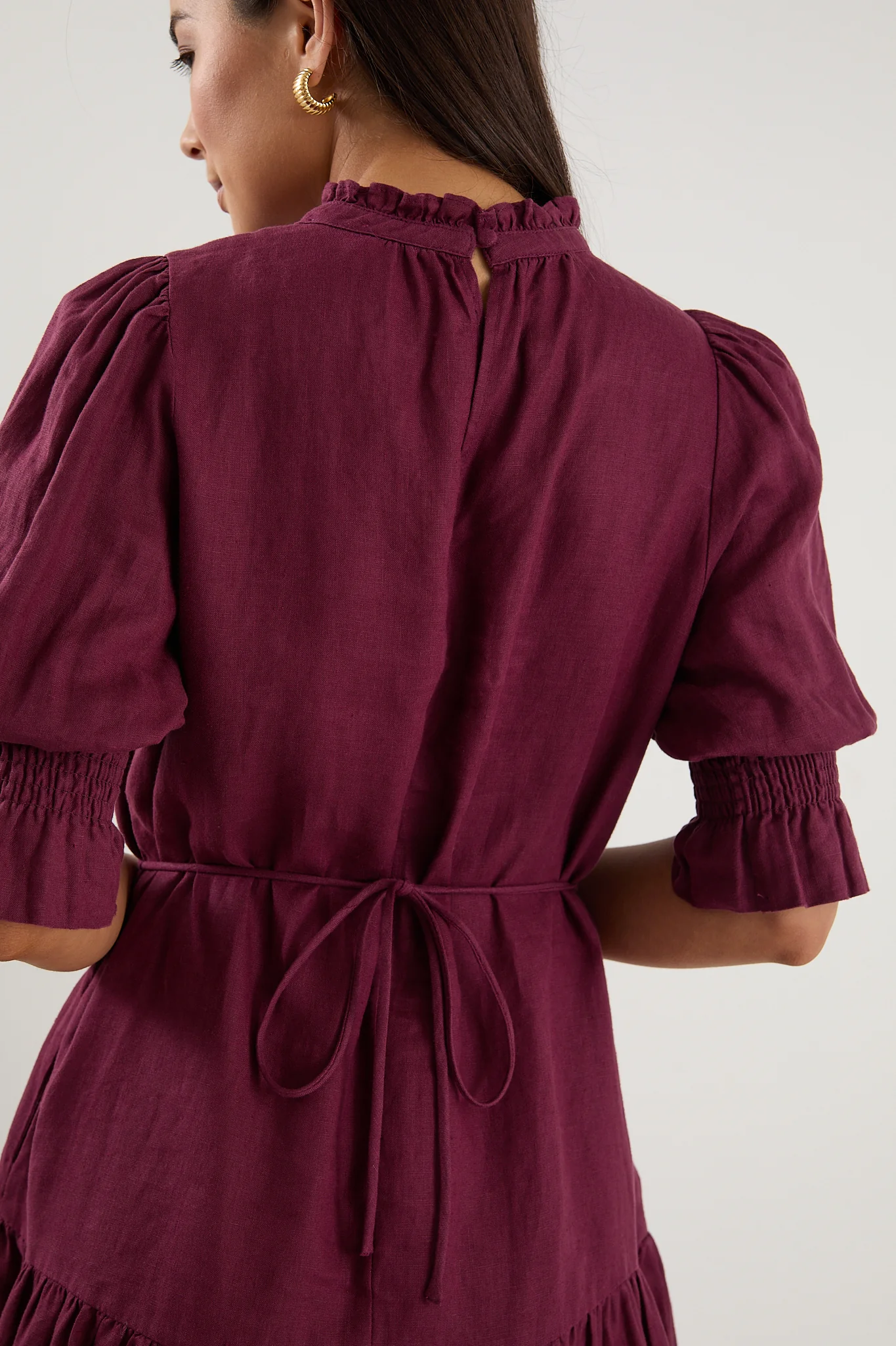 Sable Burgundy Linen High Neck Tiered Mini Dress - Image 8