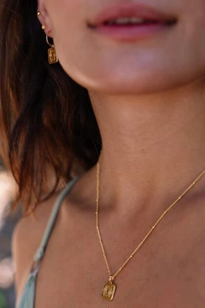 Sacral 18k Gold Plate EOL Square Charm Lotus Necklace - Image 2