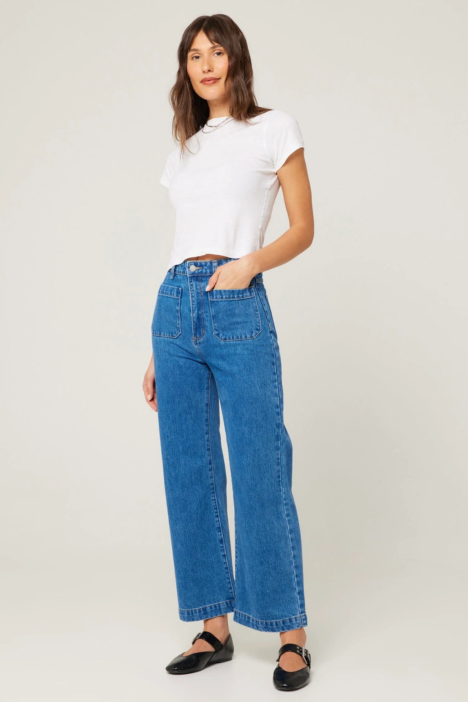 Sailor Ashley Blue Front Pocket Wide Long Denim Jean - Image 4