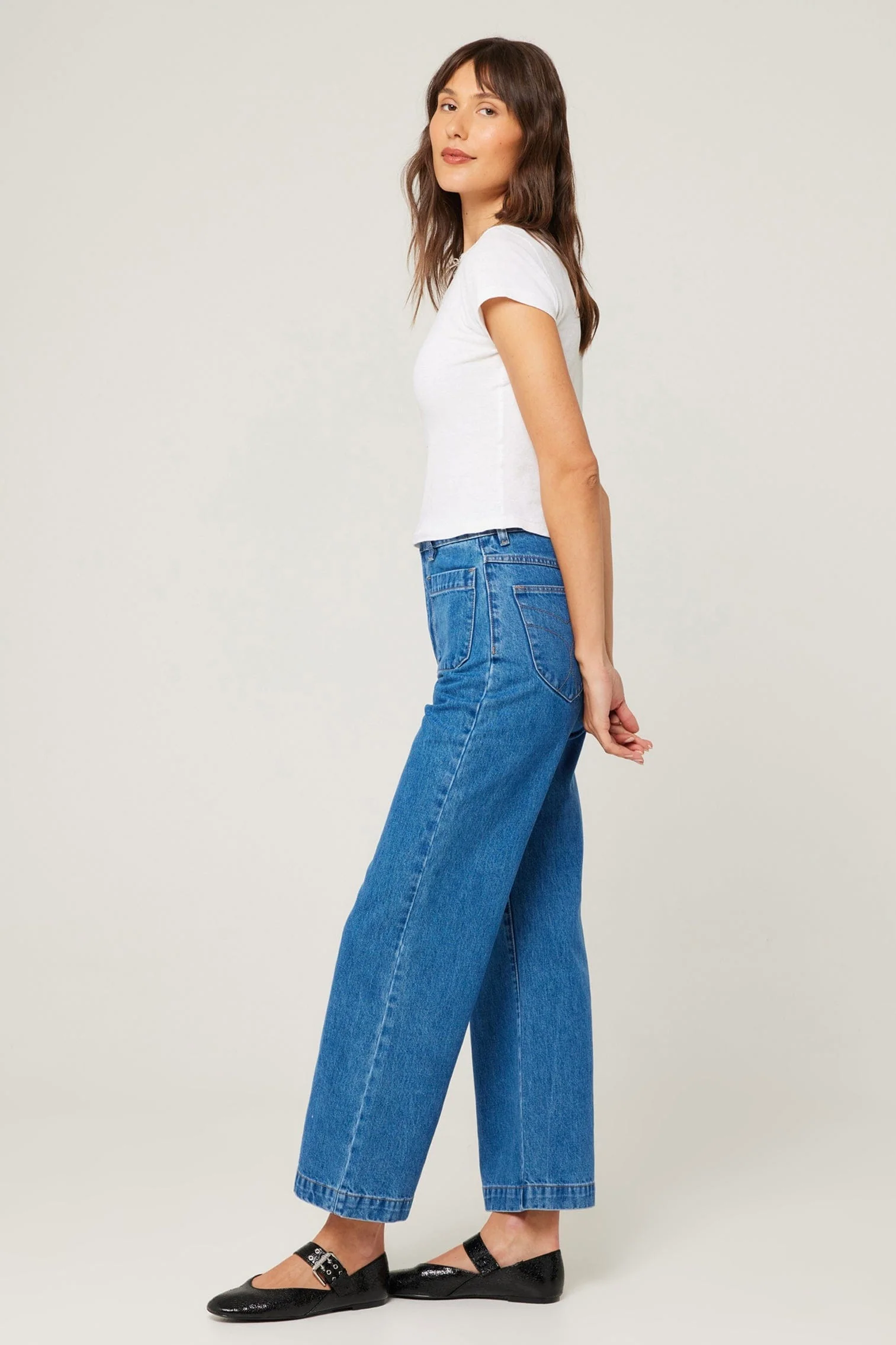 Sailor Ashley Blue Front Pocket Wide Long Denim Jean - Image 5