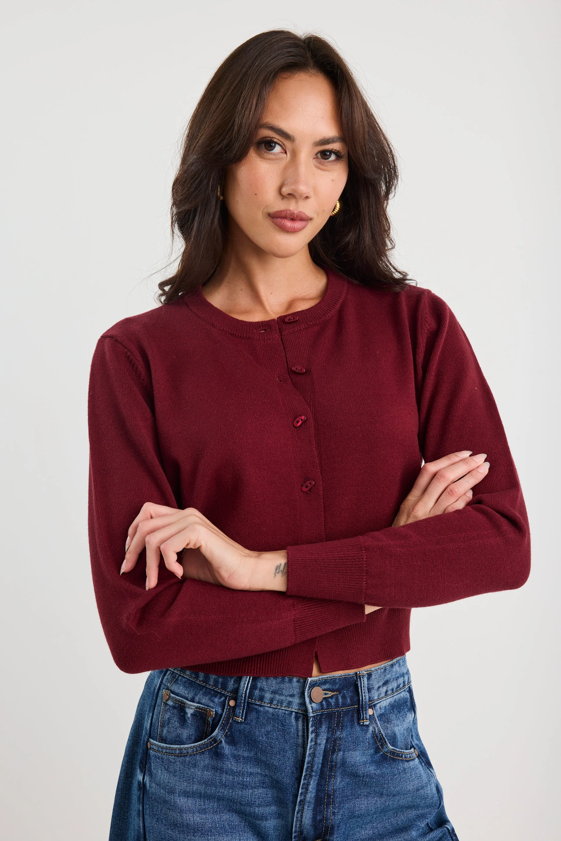 Sanctify Burgundy Crewneck Cardigan