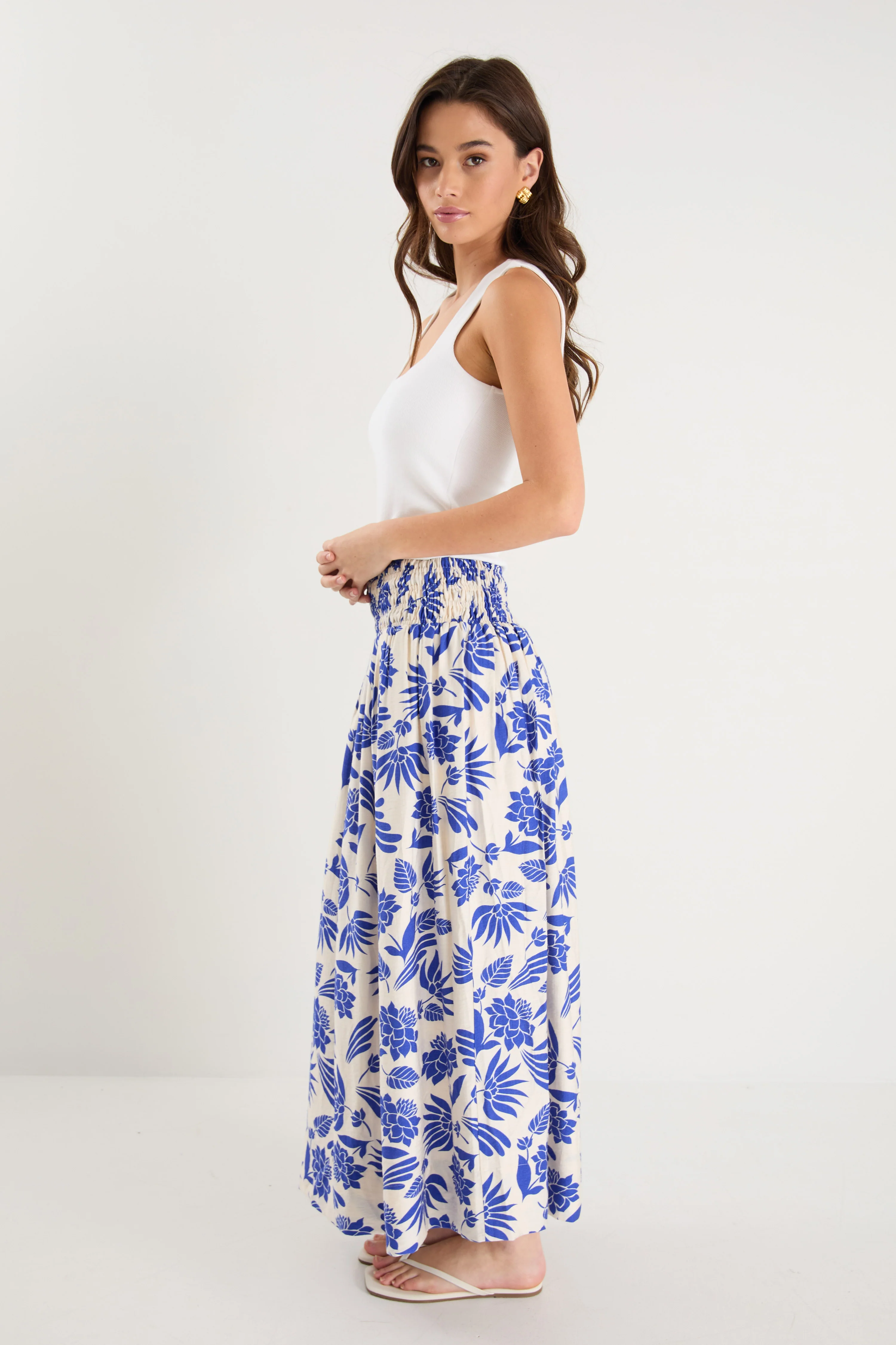 Sangria Blue Lotus Viscose Blend Shirred Waist Maxi Skirt - Image 2