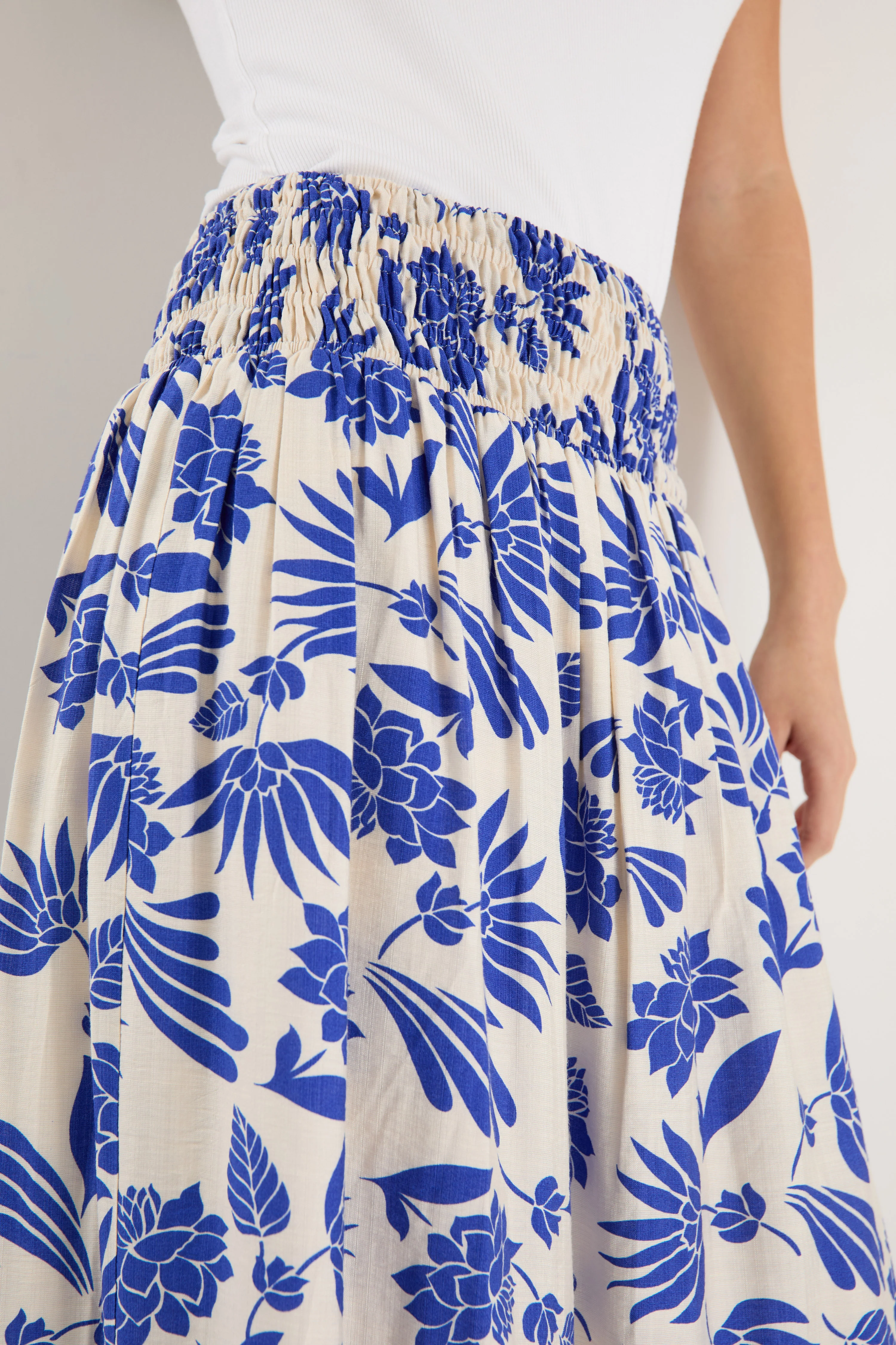 Sangria Blue Lotus Viscose Blend Shirred Waist Maxi Skirt - Image 3