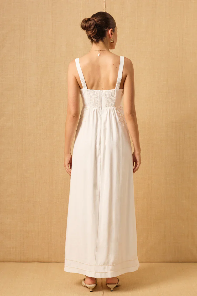 Scenic White Cotton Embroidered Strappy Maxi Dress - Image 3