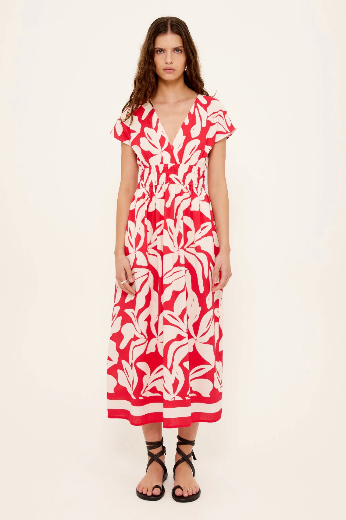 Serata Red Floral SS Shirred Waist Midi Dress