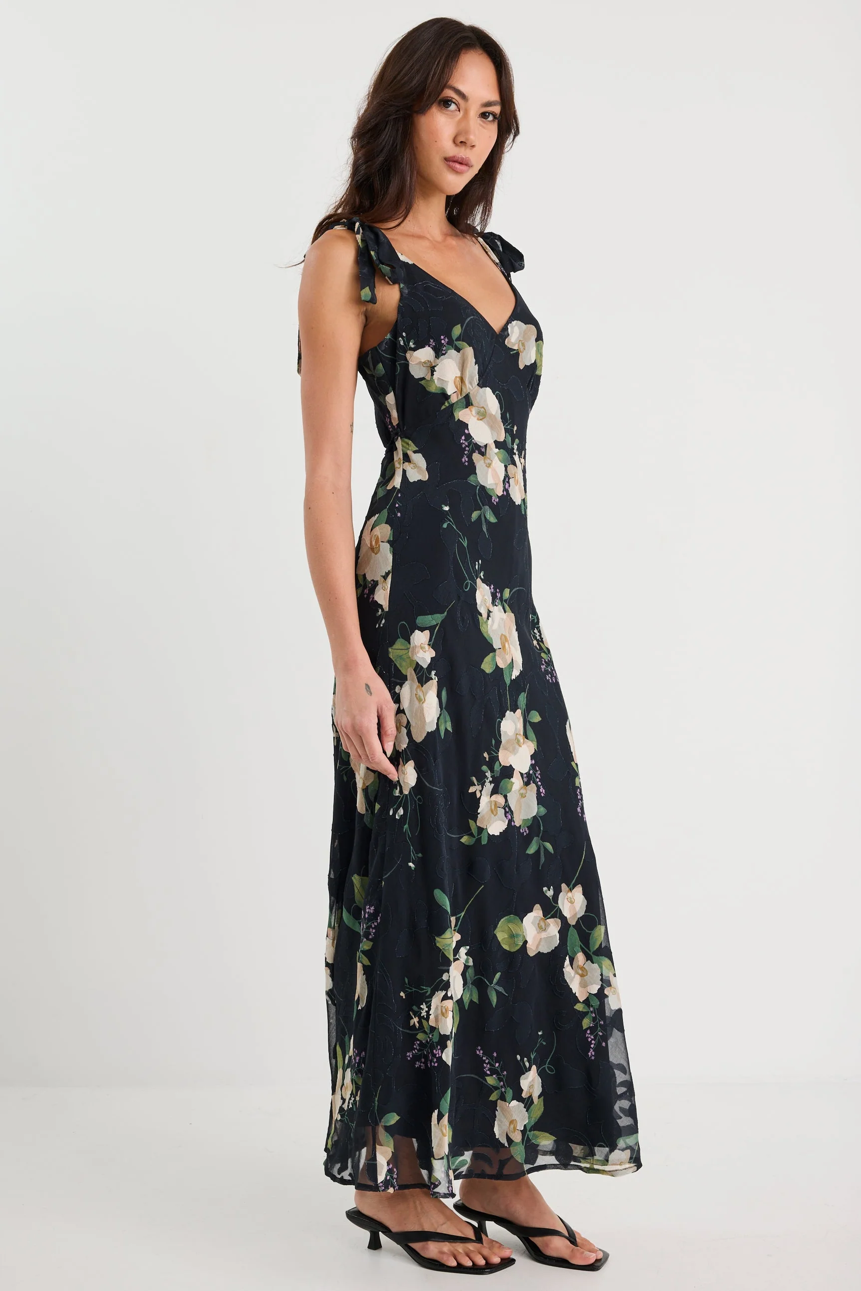 Serenade Black and Blush Floral Tie Straps Slip Maxi Dress - Image 2