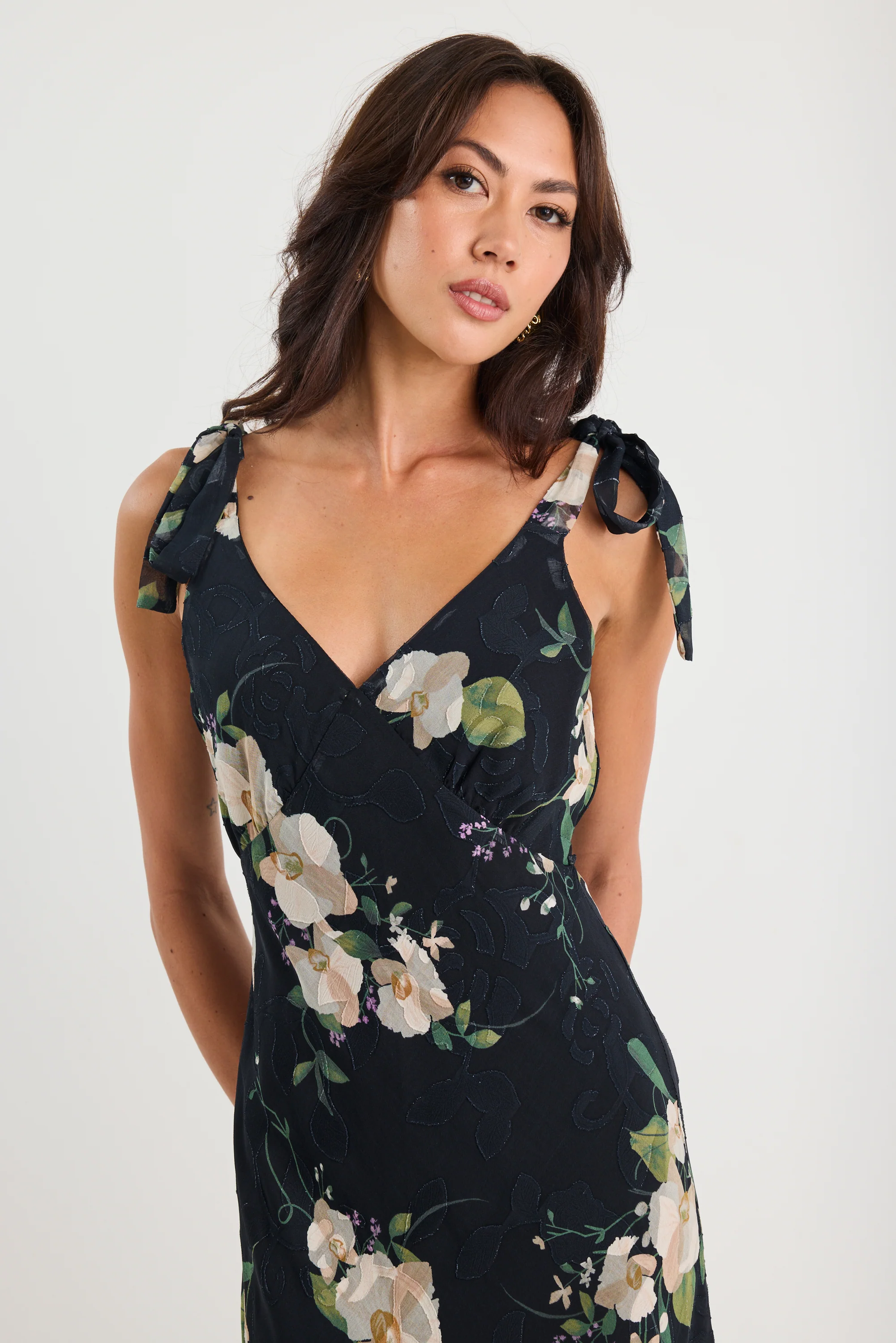 Serenade Black and Blush Floral Tie Straps Slip Maxi Dress - Image 3