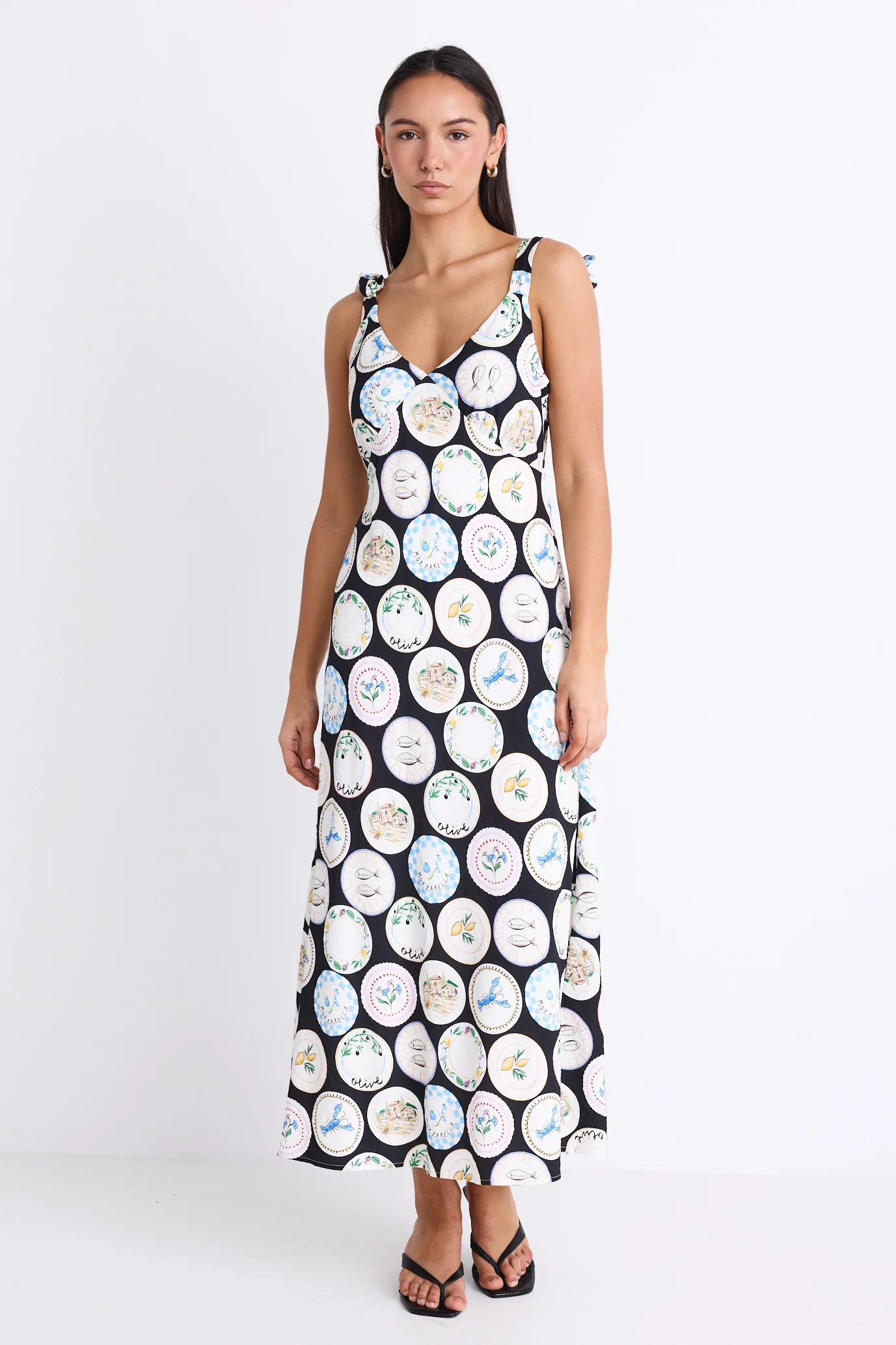 Serenade Black Holiday Print Tie Straps Slip Maxi Dress