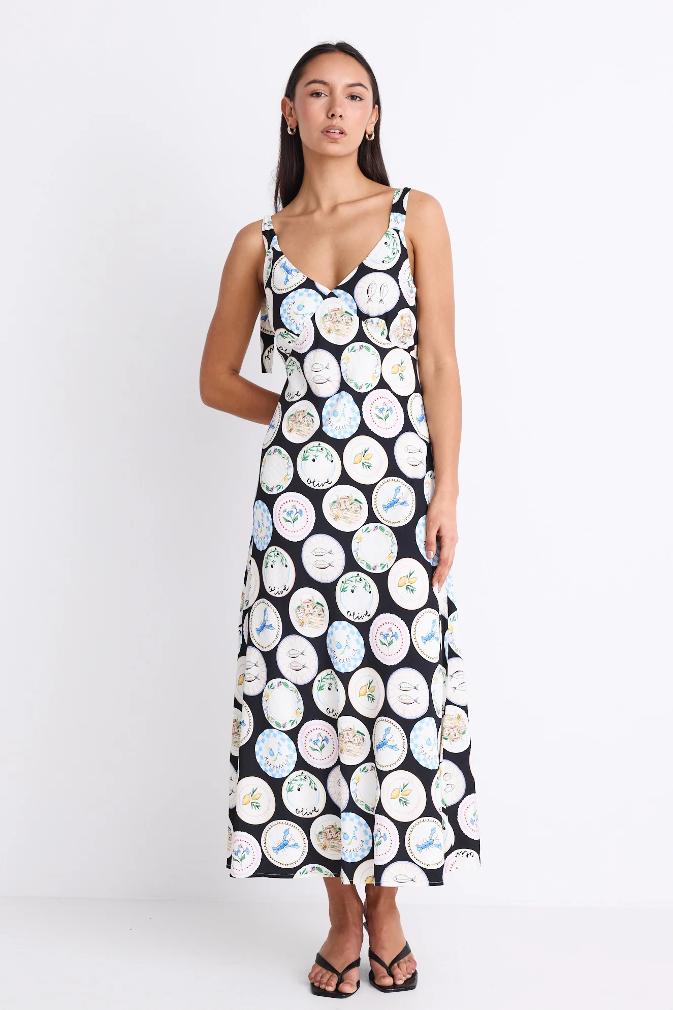 Serenade Black Holiday Print Tie Straps Slip Maxi Dress - Image 4