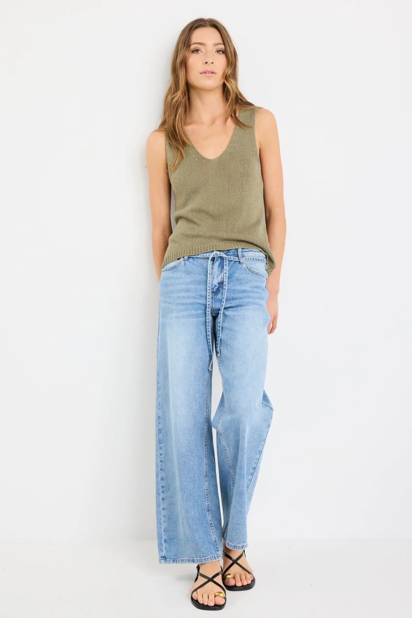 Settler Khaki V Neck Sleeveless Knit Top - Image 2