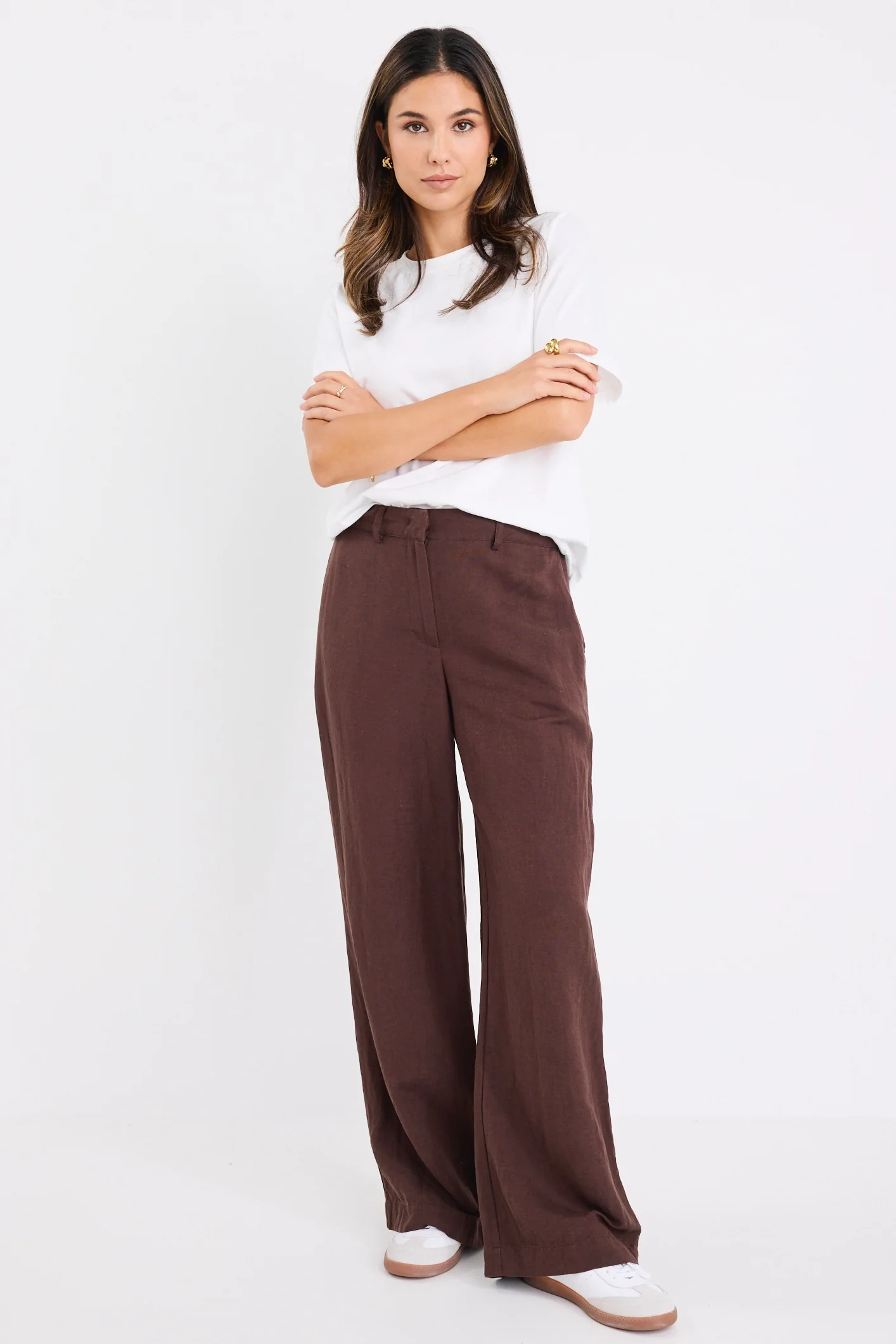Shelter Chocolate Linen Viscose Flat Front Wide Pants - Image 3